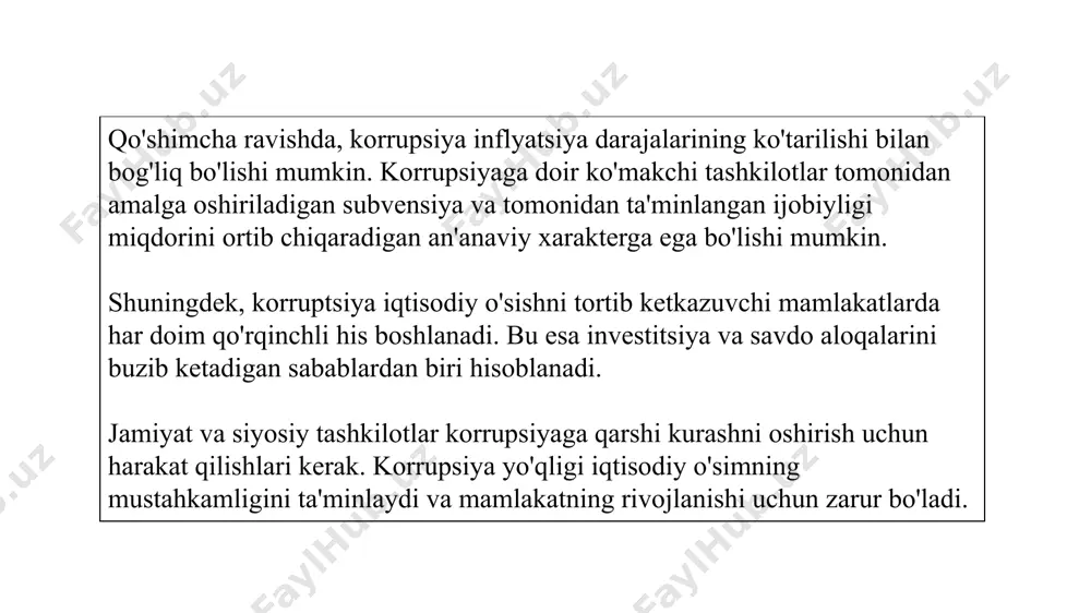 odiy sohadagi uyushgan jinoyatchilikning ildiz otib ketganligini afsus bilan aytib o‘tish lozim. jinoiy guruhlar va jamiyatlar o‘z maqsadlariga erishish uchun “qayishqoq” usullardan foydalanib kelishmoqda. jinoiy faoliyat bilan shug‘ulluvchi korxona va tashkilotlar o‘zlarining keng tarmog‘i va davlat boshqaruv organlaridagi korrupsion aloqalarning mavjudligidan foydalangan holda, bugungi kunda nafaqat bir qator iqtisodiy faoliyat turlari ustidan nazoratni olib borish bilan bir qatorda, noqonuniy boyish manbaalarini kengaytirishga harakat qilib kelishmoqda. bugungi kunda, korrupsiyaga qarshi kurashish bo‘yicha kompleks yondashuv shakllantirilmoqda. lekin, bu yondashuvlarda korrupsiyaning shakllanishini mintaqaviy hususiyatlarini inobatga olinmaganligi sababli korrupsiyaning ayrim ko‘rinishlari va turlari bilangina qarshi kurashish ishlari olib borilmoqda. taʼkidlash joizki, korrupsiyaga qarshi kurashishning samarasizligini 2 ta asosiy sabab bilan bog‘lash mumkin. birinchidan, “korrupsiyaga qarshi kurashish to‘g‘risida”gi qonun talablari asosida korrupsiyaga qarshi kurashish bo‘yicha faoliyatni amalga oshiruvchi va unda ishtirok etuvchi organlar hamda tashkilotlarning faoliyati korrupsiyaga qarshi kurashish bo‘yicha respublika idoralararo komissiyasi tomonidan muvofiqlashtirilmoqda. yuqoridagilarga asosan, iqtisodiy sohadagi korrupsiyaga qarshi kurashishda samarali vositalardan biri …