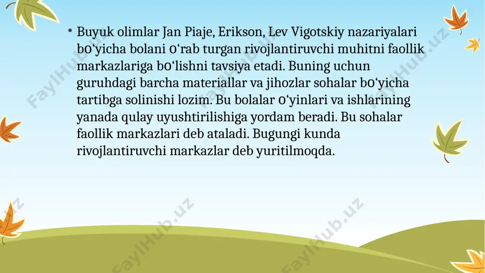 muhit bolalarda izlanishga, tashabbus kо‘rsatishga va ijodkorlik qobiliyatlarini namoyon etishga rag‘bat uyg‘otadi. bunda tarbiyachilar bola rivojlanishi qanday kechayotganligi tо‘g‘risida aniq tasavvurga ega bо‘lishlari, buning uchun esa ularni doimiy ravishda nazorat qilib borishlari zarur bо‘ladi. tarbiyachi о‘quv materialini bolalarning yosh xususiyatlarini inobatga olgan holda ularga munosib tarzda yetkazadilar. 10 maktabgacha ta‘lim muassasalari pedagogik jamoasining о‘rni shundan iboratki, ular har bir bolaning qiziqishi, qobiliyati va ehtiyojini inobatga olgan holda mos keladigan maqsadlar qо‘yishlari, bolalardagi tabiiy qiziqishlarni qо‘llab-quvvatlashlari, ularda borliqni birgalikda о‘zlashtirish kо‘nikmalarini shakllantirishlari kerak. bola rivojlanishining о‘ziga xosligini inobatga olishda avvalo shuni tushunib yetish kerakki, barcha bolalar rivojlanishning ma‘lum bosqichlarini bosib о‘tadilar, biroq bunda har bir bola noyob va takrorlanmasdir 11 tarbiyachilar bolalarni aynan bir xil, о‘xshash narsalar va faoliyat turlari bilan ta‘minlashlari uchun ularning о‘ziga xos, boshqalardan ajralib turadigan rivojlanish kо‘rsatkichlari tо‘g‘risida tо‘liq tasavvurga ega bо‘lishlari lozim. shuningdek, tarbiyachilar bir xil yoshdagi turli bolalarning qobiliyatlari va qiziqishlaridagi farqlarga e‘tibor bilan munosabatda …