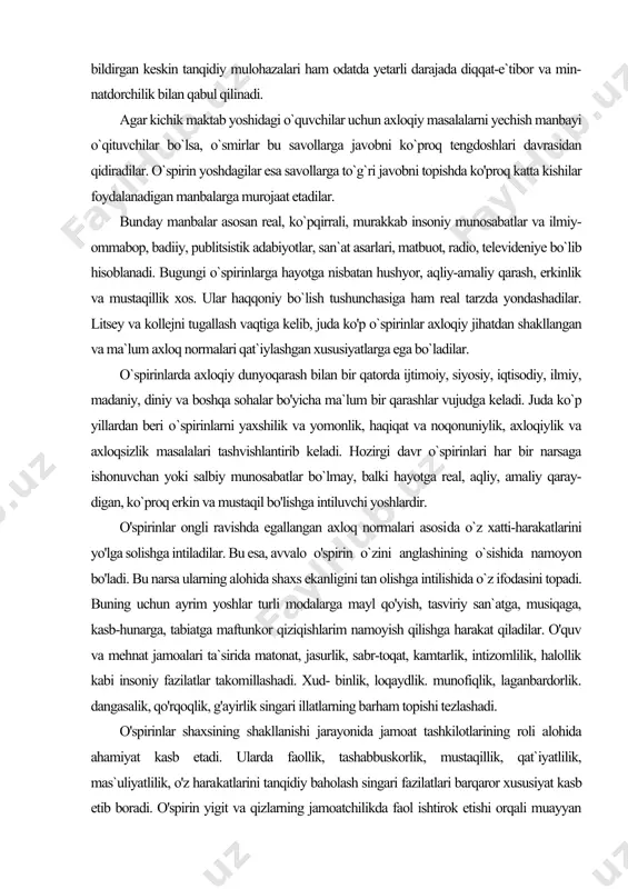 llangan va ma`lum axloq normalari qat`iylashgan xususiyatlarga ega bo`ladilar. o`spirinlarda axloqiy dunyoqarash bilan bir qatorda ijtimoiy, siyosiy, iqtisodiy, ilmiy, madaniy, diniy va boshqa sohalar bo'yicha ma`lum bir qarashlar vujudga keladi. juda ko`p yillardan beri о`spirinlarni yaxshilik va yomonlik, haqiqat va noqonuniylik, axloqiylik va axloqsizlik masalalari tashvishlantirib keladi. hozirgi davr o`spirinlari har bir narsaga ishonuvchan yoki salbiy munosabatlar bo`lmay, balki hayotga real, aqliy, amaliy qaray- digan, ko`proq erkin va mustaqil bo'lishga intiluvchi yoshlardir. o'spirinlar ongli ravishda egallangan axloq normalari asosi​da o`z xatti-harakatlarini yo'lga solishga intiladilar. bu esa, avvalo o'spirin o`zini anglashining o`sishida namoyon bo'ladi. bu narsa ularning alohida shaxs ekanligini tan olishga intilishida o`z ifodasini topadi. buning uchun ayrim yoshlar turli modalarga mayl qo'yish, tasviriy san`atga, musiqaga, kasb-hunarga, tabiatga maftunkor qiziqishlarim namoyish qilishga harakat qiladilar. o'quv va mehnat jamoalari ta`sirida matonat, jasurlik, sabr-toqat, kamtarlik, intizomlilik, halollik kabi insoniy fazilatlar takomillashadi. xud- binlik, loqaydlik. munofiqlik, laganbardorlik. dangasalik, qo'rqoqlik, g'ayirlik singari illatlarning barham …