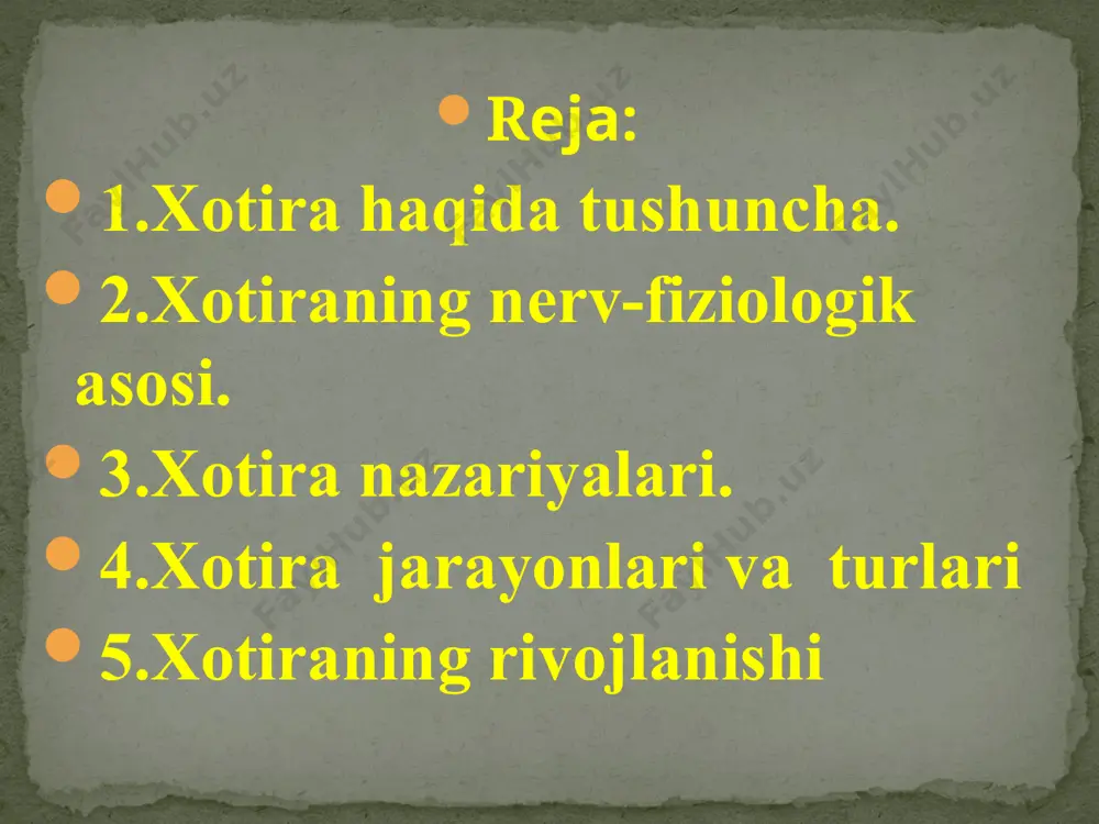 iyosdir. biz xotiramizning mavjudligiga shukronalar aytmog‘imiz lozim . 2.xotiraning nerv-fiziologik asosi. xotiraning nerv-fiziologik asosida bosh miya po'stida hosil bo'ladigan shartli reflekslar, turli assotsiativ bog’lanishlar yotadi. lekin, odam esda olib qolish paytida assotsiatsiyalar hosil bo'lganligini mutlaqo sezmaydi. har xil assotsiatsiyalarning hosil bo'lganini odam keyinchalik biror narsani esga tushirish paytida bo'ladi. xotiraning nerv-fiziologik mexanizmlari xususida to'xtalar ekanmiz, so'nggi yillarda texnikaning g’oyat tez rivojlanishi natijasida turli esda olib qoluvchi apparatlarga bo'lgan ehtiyoj benihoya ko'payib ketganligini ta’kidlash joiz. o'tkazilgan tekshirishlarga ko'ra, biror narsa esda olib qolinganda, asosan nerv hujayralarining (neyronlarning) dendrit shoxlari tarkibida o'zgarish yuzaga keladi. ular qandaydir boshqacharoq tuzilishga kirib oladilar. dendritlar tuzilishidagi hosil bo'lgan o'zgarish darrov o'tib ketadigan bo'lmay, ancha mustahkam bo'ladi. shu sababli esda olib qolgan narsa uzoq vaqt xotirada saqlanib turadi. 3.xotira nazariyalari. xotiraning ilk psixologik nazariyalaridan biri xvii asrda yuzaga kelgan, birinchi bo'lib xviii-xix asrlarda angliya va germaniyada ishlab chiqilgan assotsiativ nazariya hisoblanadi. bu nazariyaga asosan xotira o'xshashligi, vaqt …