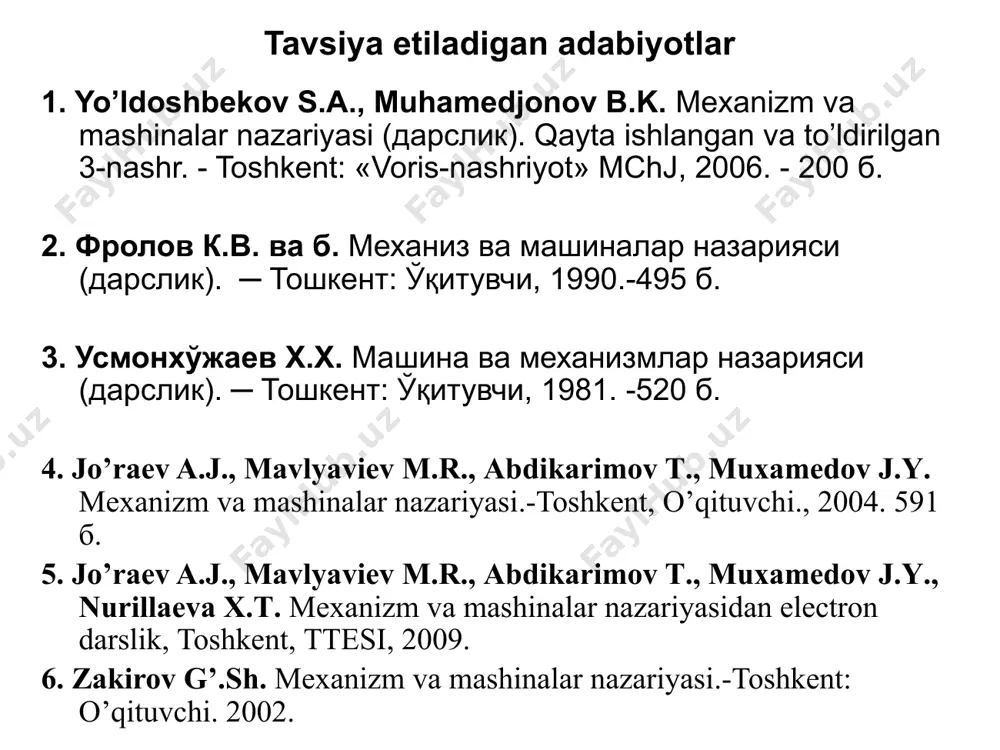 kinematik va dinamik shartlarga ko’ra ma’lum texnologik jarayonni amalga oshirish uchun mexanizm va mashinani yaratish talab etiladi. 1.mmn fanning tarkibiy qismlari. 4 mashina detallari va loyihalash asoslari fani ikkita fandan iborat mexanizm va mashinalar nazariyasi va mashina detalalri fanlardan. 1.mmn fanning tarkibiy qismlari. mexanizmlar nazariyasini uchta qismga ajratish mumkin: mexanizmlarning tuzilishi (strukturasi) va tasniflanishi; mexanizmlarning kinematikasi; mexanizmlarning dinamikasi; 5 “mexanizmlarning tuzilishi (strukturasi) va tasniflanishi” qismida mexanizmlarni tashkil etgan elementlar, ularni tasniflanishi o’rganiladi, mexanizm va uni tashkil etuvchi qismlarining klassifikatsiyasi beriladi, yangi mexanizmlarni loyihalash qonunlari o’rganiladi. bu qismda mexanizmlarning strukturaviy analizi va strukturaviy sintezi beriladi. strukturaviy analizda mexanizmning strukturaviy sxemasi, ya’ni zveno va kinematik juftliklarining shartli belgilanish orqali tuzilgan mexanizmning grafik tasviri o’rganiladi. mexanizmlarning strukturaviy sintezida berilgan shartlariga ko’ra mexanizmning strukturaviy sxemasini tuzish asoslari yoritiladi. 1.mmn fanning tarkibiy qismlari. 6 fanning ikkinchi “mexanizmlarning kinematikasi” qismida mexanizm zvenolarning harakatlari o’rganiladi, bunda zvenolarni harakatga keltiradigan kuchlar hisobga olinmaydi. mexanizmlarning kinematik analizi yetaklanuvchi zvenolar …