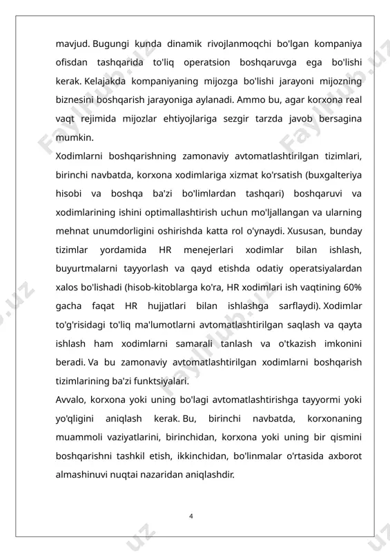 r tayyorlash va boshqalar. tashkilotning rivojlanishiga to'sqinlik qiladigan asosiy muammoni tanlash, uni har tomonlama tadqiq qilish va tahlil qilish - bu sezgi va mahorat, menejer va tashkilot rahbarining professionalligi. 3. resurslar tadqiqot ishlarini muvaffaqiyatli olib borishni ta’minlovchi vositalar majmuidir. bular, birinchi navbatda, moddiy resurslar, mehnat resurslari, moliyaviy resurslar, axborot resurslari, natijalarni qayta ishlash uchun zarur bo'lgan texnik vositalar, shuningdek, tadqiqot ob'ektini tavsiflovchi huquqiy hujjatlardir. 4. tadqiqotning samaradorligi tadqiqot xarajatlari va olingan natijalarni muvozanatlashni talab qiladi. 5. tadqiqot natijalari turli shakllarda taqdim etilishi mumkin. bu boshqaruv tizimining yangi modeli, yangi me'yoriy hujjatlar, to'g'rilangan hisoblash formulalari, yangi korporativ madaniyat bo'lishi mumkin. amaliy nuqtai nazardan, tadqiqot metodologiyasi, qoida tariqasida, uchta asosiy bo'limni o'z ichiga oladi: nazariy, uslubiy va tashkiliy. nazariy qism tadqiqotning asosiy maqsadi, vazifalari, predmeti va ob’ektini belgilaydi. uslubiy bo'limda tadqiqot o'tkazish, ma'lumotlarni yig'ish va qayta ishlash, olingan natijalarni tahlil qilish va ularni taqdim etish usullarini tanlash uchun asoslar mavjud. tashkiliy qism, …