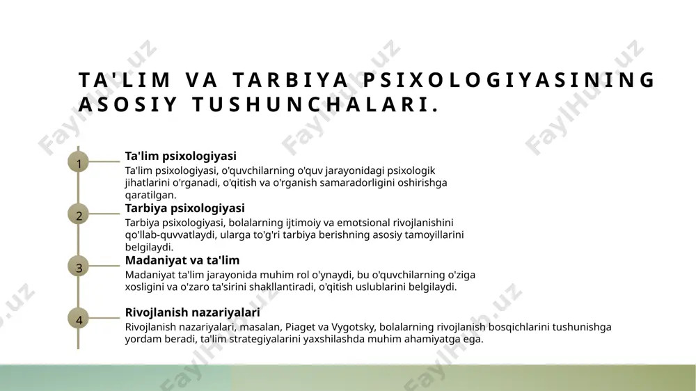 gik strategiyalarni qo'llash, masalan, loyiha asosidagi o'qitish va hamkorlikda o'qitish, ta'lim samaradorligini oshiradi. har bir o'quvchining o'ziga xosligini hisobga olish, individual yondashuvlar orqali o'z rivojlanishlariga mos ta'lim berish samaradorlikni kuchaytiradi. madaniy omillar va ta'lim jarayonlari: o'zbekiston konteksti. 1 madaniyat va ta'lim o'zbekistonda madaniyat va ta'lim o'rtasidagi bog'lanish, o'quvchilarning ta'lim jarayonida madaniy qadriyatlarni qabul qilishini ta'minlaydi. 2 milliy qadriyatlar o'zbekiston ta'lim tizimida milliy qadriyatlar, tarixiy va madaniy merosning ahamiyati, o'quvchilarning shaxsiy rivojlanishiga ijobiy ta'sir ko'rsatadi. 3 ta'limda integratsiya o'zbekistonda ta'lim jarayonlarida madaniy integratsiya, milliy va global ta'sirlarni birlashtirib, innovatsion pedagogik strategiyalarni rivojlantirishga yordam beradi. ta'limda madaniy farqlar: o'quvchilarning o'ziga xosligi. 1 madaniy farqlar - ta'limda madaniy farqlar o'quvchilarning o'ziga xosligini belgilaydi. har bir madaniyatning o'ziga xos qadriyatlari va an'analari ta'lim jarayoniga ta'sir ko'rsatadi. 2 o'ziga xoslik - o'quvchilarning o'ziga xosligi ularning shaxsiy tajribalari, madaniyati va oilaviy tarbasi bilan bog'liq. bu farqlar ta'lim uslublarini tanlashda inobatga olinishi zarur. 3 ta'lim uslublari - …