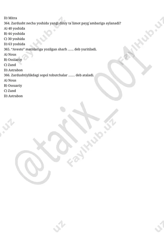 d) yunonlarga qarashli orolchalar va qora de ngiz bo’ylarini bosib olishi 338. saka - tiay – aradarayya saklari qaysi hududlarda yashaganlar? a) toshkent viloyati va janubiy qozog’iston yerlarida b) pomirning tog’li tumanlari va farg’ona yerlarida c) orol dengizi bo’ylari va sirdaryoni quyi oqimi da d) orol dengizi bo’ylari , sirdaryoning o’rta oqimida 339. o’tkir uchli kigiz qalpoq kiyib yuruvchi saklarni aniqlang? a) saka - tigraxauda b) saka - tiay - aradarayya c) saka - xaumorvarka d) a va c 340. saklarning qaysi gu ruhi muqaddas ichimlikka sig’ingan? a) saka - tiay - taradarayya b) saka - xaumovarka c) saka - tigraxauda d) a va b 341. mill avv vii – vi asrlarga oid manzilgohlardan ... topilgan? a) kulolchilik buyumlari b) temir qurollari c) bronza qur ollari d) barcha javoblar to’g’ri /docprops/thumbnail.emf o`rta osiyo va qadimgi sharq 331. m.av vii-vi asrlarda o`rta osiyoda quyidagi qaysi elatlar yashamagan? a) sug`diylar b) baqtriyaliklar …