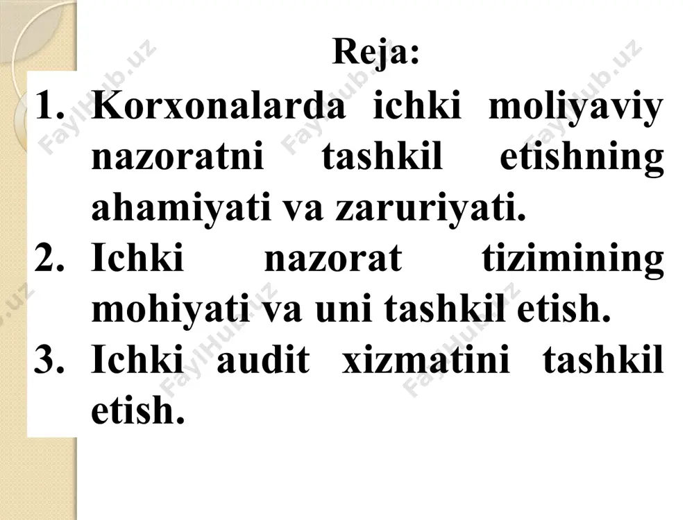 lteriya hisobotlari va rejadan chetga chiqishlar tahlil qilinadi. xo’jalik yurituvchi subyektning ichki nazorat tizimi quyidagilarni o’z ichiga oladi: -nazorat muhiti; -buxgalteriya hisobining mavjud tizimi; -aktivlarning saqlanganligi ustidan nazorat; -qonun va me’yoriy xujjatlarga rioya qilish ustidan nazorat. nazorat muhiti, ichki nazorat tizimini belgilash va qo’llab - quvvatlashga qaratilgan tekshirilayotgan obyektning rahbariyatining amaliy harakati va ma’lum qilish tushuniladi. u quyidagilarni o’z ichiga oladi: -boshqaruvning asosiy tamoyillari va usullari; -tashkiliy tuzilma; -mas’uliyat va vakolatni taqsimlash; -xodimlar siyosati; -tashqi foydalanuvchilar uchun moliyaviy hisobotni tayyorlash; -ichki hisobotning ichki boshqaruv hisobi va tayyorlanishi; -amaldagi qonunchilik talablariga xo’jalik faoliyatining muvofiqligi. tekshirilayotgan obyektda bunday tadbirlarni qo’llashda quyidagilarga ishonch hosil qilish kerak: -buxgalteriya yozuvlarining to’g’riligini arifmetik tekshirish; - hisob-kitoblar qiyosini o’tkazish; -rahbar xodimlarning hujjat aylanmasi to’g’riligi va ruxsat yozuvlarini mavjudligini tekshirish; -belgilangan davriy rejalar tartibiga muvofiq holda va kassadagi naqd pullar, hisobot blanklari, buxgalteriya hisobi ma’lumotlari va haqiqiy naqd pullarning muvofiqligini aniqlash uchun qimmatli qog’ozlar va tovar-moddiy boyliklarni tasodifiy …