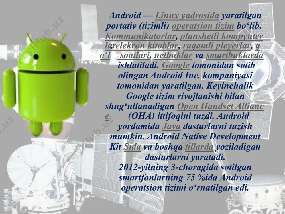 chun maxsus droid va roboto shriftlari yaratilgan. -1.5 versiyadan boshlab android versiyalarining nomlari biror-bir desert nomidan olinadi. nomlarning birinchi xarflari versiyalarning yangilanishi boʻyicha alifbo xarflari tartibida ketadi: 1.5 cupcake („keks“), 1.6 donut (pishiriq turi), 2.0/2.1 eclair („ekler“), 2.2 froyo („muzlagan yogurt“ qisqartmasi), 2.3 gingerbread („zanjabilli shirinkulcha“), 3.0 honeycomb („asalari ini“), 4.0 ice cream sandwich („muzqaymoq briketi“), 4.1/4.2 jelly bean (shirinlik turi), 4.5 kitkat (shokolat turi)va 5.0 lollipop (so`rg`ich- chupa chuhs). -2011-yil fevral maʼlumotlariga koʻra android ot moslamalari buyuk britaniyada ios ot ostidagi iphone 4ni ortda qoldirdi. -agar androidning rasmiy saytida kursorni pastki chap burchakdagi robotga olib borilsa, u har xil harakatlar qilishni boshlaydi, bosganda qoʻlini silkitadi. qiziqarli faktlar ios (24 iyun, 2010-yilgacha - iphone os) amerikalik mashhur olim steve jobs tomonidan ishlab chiqarilgan mobil aloqa operatsion sistemasi hisoblanadi. ios apple companiyaning iphone, ipod, ipad, apple tv uskunalarida o`rnatilgan operatsion sistemadir. 2014-yilda apple carplay avtomobil multimediya tizimlarini ham qo'llab-quvvatladi. ios windows …