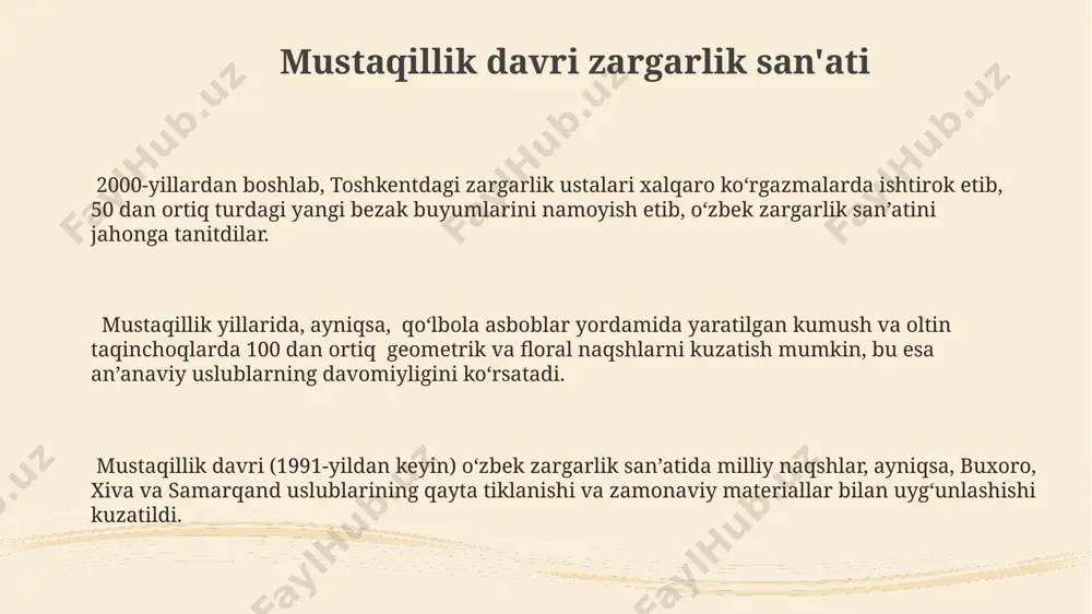 'anaviy naqshlarning murakkabligi 30% ga kamaydi. sovet davrida, toshkentdagi 20 dan ortiq zargarlik ustaxonalari milliy naqshlarni soddalashtirilgan shaklda, asosan kumush va qora oksidlash uslubida ishlab chiqarishga o'tdi. 1960-yillarga kelib, andijon va samarqand viloyatlarida 50 ga yaqin hunarmand sovet davri talablariga moslashtirilgan yangi zargarlik buyumlarini ishlab chiqarishga ixtisoslashdi. e'tiboringiz uchun rahmat @taqdimot_robot