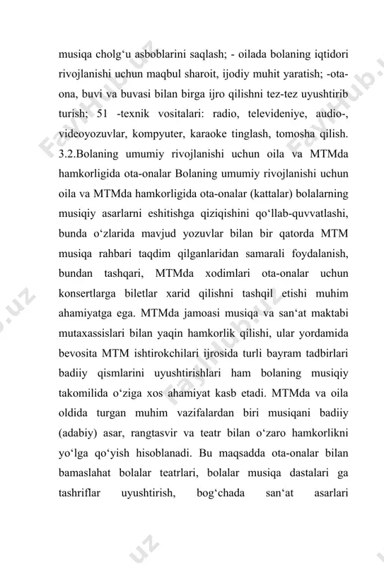 ligining nisbatan samarali shakllarini belshgilash; ( bolalarning musiqiy qobiliyatlarini rivojlantirishga yo‘naltirilgan mtm va oila hamkorligi xususiyatlarini o‘rganish. maktabgacha yoshdagi bolalarning musiqiy qobiliyatlarini rivojlantirishga oid ishlar samaradorligi mtm va oilaning: ( ota-onalar tomonidan faollik va tashabbus ko‘rsatilishi; ( ota-onalar bilan musiqiy ma‘rifatchilik sohasida doimiy va tizimli ish olib borish kabi shartlarni hisobga olgan holda tashkil qilingan o‘zaro hamkorligiga ko‘p jihatdan bog‘liq. xulosa sifatida aytish kerakki, mamlakatimizning jahon hamjamiyatidagi nufuzi kun sayin ortib bormoqda. o‘zbekiston respublikasi birinchi prezidenti i.a. karimov ta‘kidlaganidek: ―kelajak yuksak intellektual salohiyat, bilim va tafakkurga ega bo‘lgan yoshlarniki. millatnikidir‖. farzandlarimizning musiqa sohasida yuksak cho‘qqilarini egallashlarida, ularning yuqori intellektual zakovatga ega bo‘lishlarida musiqa ta‘limi muhim ahamiyat kasb etadi. bunga erishishning asosiy vositalaridan biri oila va mtmning o‘zaro hamkorlik faoliyatini yo‘lga qo‘yishdan iboratdir. mustahkamlash uchun savollar. 1. maktabgacha ta’lim tashkilotlarida ta’lim-tarbiya jarayonida metodlarning o‘rni haqida gapirib bering. 2. yangi texnologiyalarni loyihalash va mashg‘ulotga joriy etishni maqsadini yoritib bering. 3. musiqa mashg‘ulotida …