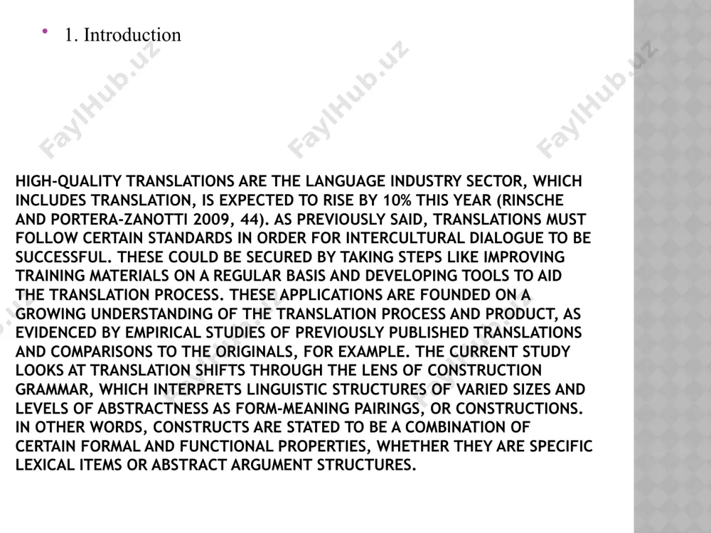 astive distinctions. the current study's main focus is on analyzing translation shifts from the perspective of constructions, i.e. construction shifts. one of the more specific goals is to look at the possible causes of translation shifts. source and target language constructs, translation orientations, and register differences are only a few of the variables studied. to examine these aspects, it's necessary to explain the characteristics of the constructs in both languages, taking into account the patterns' formal structures, functions, associations with specific registers, and frequency distributions. following an overview of the linguistic framework's major premises, we discuss various motivations for combining construction grammar and translation studies, as well as earlier construction-based approaches to both contrastive and translation studies. the methodology of this study is described which includes the corpus utilized for the primary analyses, the constructs addressed in the thesis, and the main forms of corpus-based inquiries. translation 1.1 the concept …