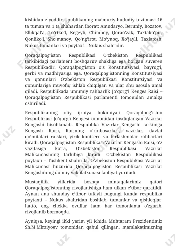 , ellikqal’a, to’rtko’l, kegeyli, chimboy, qorao’zak, taxtako’pir, qonliko’l, sho’manoy, qo’ng’irot, mo’ynoq, xo’jayli, taxiatosh, nukus tumanlari va poytaxt – nukus shahridir. qoraqalpog’iston respublikasi o’zbekiston respublikasi tarkibidagi parlament boshqaruv shakliga ega bo’lgan suveren respublikadir. qoraqalpog’iston o’z konstitutsiyasi, bayrog’i, gerbi va madhiyasiga ega. qoraqalpog’istonning konstitutsiyasi va qonunlari o’zbekiston respublikasi konstitutsiyasi va qonunlariga muvofiq ishlab chiqilgan va ular shu asosda amal qiladi. respublikada umumiy rahbarlik jo’qorg’i kenges raisi – qoraqalpog’iston respublikasi parlamenti tomonidan amalga oshiriladi. respublikaning oliy ijroiya hokimiyati qoraqalpog’iston respublikasi jo’qorg’i kengesi tomonidan tasdiqlangan vazirlar kengashi hisoblanadi. respublika vazirlar kengashi tarkibiga kengash raisi, raisning o’rinbosarlari, vazirlar, davlat qo’mitalari raislari, yirik kontsern va birlashmalar rahbarlari kiradi. qoraqalpog’iston respublikasi vazirlar kengashi raisi, o’z vazifasiga ko’ra, o’zbekiston respublikasi vazirlar mahkamasining tarkibiga kiradi. o’zbekiston respublikasi poytaxti – toshkent shahrida, o’zbekiston respublikasi vazirlar mahkamasi huzurida qoraqalpog’iston respublikasi vazirlar kengashining doimiy vakolatxonasi faoliyat yuritadi. mustaqillik yillarida boshqa mintaqalarimiz qatori qoraqalpog’istonning rivojlanishiga ham ulkan e’tibor qaratildi. aynan ana shunday e’tibor …