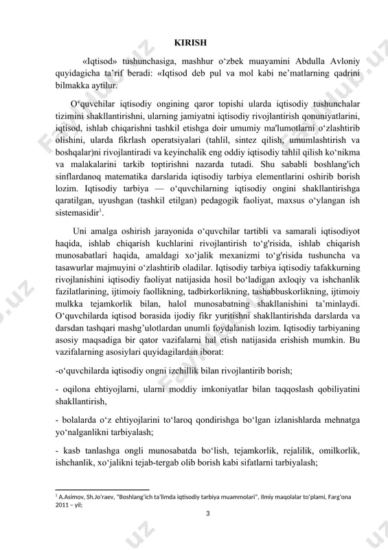 ing o‘zaro uchrashadigan , tovarlar oldi – sotdi qilinadigan joyni bildiradi. bozor kishilar, korxonalar , davlatlar o‘rtasidagi iqtisodiy munosabatlar tizimini namoyon qiladi. narxlar vositasida iqtisodiyotda rivojlanish bo‘ladi, tovar ishlab chiqarganlar rag’batlantiriladi. pul - bozor iqtisodida katta hizmat qiladi . pul juda qimmatli qog’oz. qiziq, tillani ham yoki oddiy tuzni ham pulga sotib olishar ekan. barter usuli – o‘rtaga pulni aralshtirmay, narsani narsaga tengma – teng almashtirish barter usuli deyiladi. ota-onalarning o‘quvchi barcha ehtiyojlarini so‘zsiz qondirishga intilishlari tarbiyadagi katta xatodir. ota-onalar o‘z farzandlarini mehnatsevar va tejamkor qilib tarbiyalash uchun quyidagilarga amal qilishlari kerak. 1. bola o‘z ota-onasining qaerda ishlashini va nima ishlab chiqarishini, bu ishlab chiqarishning butun jamiyat uchun qanday ahamiyati borligini bilishi kerak. umuman, bola ota-onasi ishlab, topib keltiradigan daromadning katta va foydali ijtimoiy mehnat evaziga olinadigan ish haqi ekanini mumkin qadar ertaroq yaxshi tushunishi lozim. 2. bolani oila byudjeti bilan mumkin qadar ertaroq tanishtirish lozim. agar oilaning moddiy sharoiti …