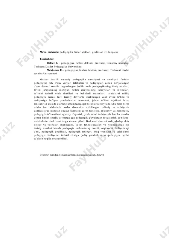 ati, pedagogik muloqot, nutq texnikasi va talabalarni pedagogic faoliyatini tashkil etishga ijodiy yondoshish va pedagogik tajriba to'plash haqida so'zyuritiladi. ©nizomiy nomidagi toshkent davlat pedagogika universiteti, z012yil kirish o'zbekiston respublikasi prezidenti i.a.karimov ta'lim-tarbiya masalalari davlat siyosatida ustuvor o'rin tutish bilan birga keng jamoatchilik ishtirokini ham talab qilishiga alohida e'tibor qaratadi: "maktab, ta'lim-tarbiya masalasi davlat va jamiyat nazarida bo'lishi asosiy qonunimizda belgilab qo'yilgan. shu bilan birga, bu keng jamoatchilik, butun xalqimizning ishtiroki va qo'llab-quvvatlashini talab qiladigan umummilliy masaladir". har bir jamiyatning taraqqiyoti va istiqboli ta'lim tizimining jadal rivojlanishi, ijtimoiy hayot, ishlab chiqarish bilan o'zaro muvofiq kelishi, jahon ta'limining eng yuqori natijalariga tenglasha olishi, davr talablariga javob berishi va mavjud sub'ektiv ehtiyojlarni qay darajada qondira olishiga bevosita bog'liq. ta'lim tizimida ro'y berayotgan tub o'zgarishlar, o'qitish mazmunining tobora yangi g'oya va qarashlar bilan boyib borayotganligi, yosh avlod intellektual salohiyatini oshirishga xizmat qiluvchi yangi texnologiyalarning yaratilayotganligi. ta'lim oluvchilarda yuksak ma'naviy-axloqiy sifatlarni shakllantirish, ularni "ommaviy madaniyat" …