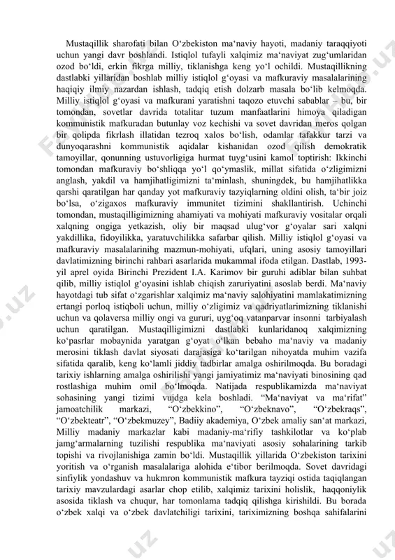 a o'zbekiston respublikasini adliya vazirligi. – t.: adolat, 2018. 13. o'zbekiston respublikasi prezidenti shavkat mirziyoevning buyuk g'alabaning 75 yilligi hamda xotira va qadrlash kuniga bag'ishlangan tantanali marosimdagi nutqi g‘g‘ yangi o'zbekiston gazetasi. № 80. 2020 yil 10 may. mustaqillik sharofati bilan o‘zbekiston ma‘naviy hayoti, madaniy taraqqiyoti uchun yangi davr boshlandi. istiqlol tufayli xalqimiz ma‘naviyat zug‘umlaridan ozod bo‘ldi, erkin fikrga milliy, tiklanishga keng yo‘l ochildi. mustaqillikning dastlabki yillaridan boshlab milliy istiqlol g‘oyasi va mafkuraviy masalalarining haqiqiy ilmiy nazardan ishlash, tadqiq etish dolzarb masala bo‘lib kelmoqda. milliy istiqlol g‘oyasi va mafkurani yaratishni taqozo etuvchi sabablar – bu, bir tomondan, sovetlar davrida totalitar tuzum manfaatlarini himoya qiladigan kommunistik mafkuradan butunlay voz kechishi va sovet davridan meros qolgan bir qolipda fikrlash illatidan tezroq xalos bo‘lish, odamlar tafakkur tarzi va dunyoqarashni kommunistik aqidalar kishanidan ozod qilish demokratik tamoyillar, qonunning ustuvorligiga hurmat tuyg‘usini kamol toptirish: ikkinchi tomondan mafkuraviy bo‘shliqqa yo‘l qo‘ymaslik, millat sifatida o‘zligimizni anglash, yakdil …