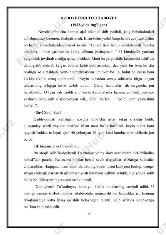 b sifatida kitobxonga ma’lum va mashhurdir. xudoyberdi to`xtaboyev 1932-yilning 17-dekabrida farg’ona viloyatining o`zbekiston tumaniga qarashli kattatagob qishlog’ida dehqon oilasida dunyoga keldi. boshqa bolalar qatori xudoyberdi ham poda boqdi, yer chopdi, paxta terdi, xullas, qishloqda bo`ladigan hamma mehnatlarda hol-qudrat ishtirok etdi., hayot nimadan iborat ekanligini yoshligidanoq bila boshladi. bo`lajak adib ikkinchi jahon urushi yillarida o`qishni yig’ishtirib dalada ketmon chopdi, hisobchilik qildi, mashaqqatli mehnat bilan suyagi qotdi. qo`qon pedagogika bilim yurtini muvaffaqiyatli tamomlagan xudoyberdi to`xtaboev ona qishlog’ida muallimlik qilar ekan, unda ilmga cheksiz ishtiyoq uyg`onadi. shuning uchun ham u o`qituvchilikni tashlab, toshkent davlat dorilfununiga o`qishga kirdi. bu yerda alisher novoiy, bobur, g`.o`ulom, oybek, o`.olimjon, a.qahhor asarlarini sevib o`qidi, o`rgandi. unversitetni tugatib, bog’dod tumanida o`qituvchilik qildi. ilmiy bo`lim mudiri, direktorlik lavozimlarida ishlab, yoshlarni ilm-fan nurlaridan bahramand etish ishlarida faoliyat ko`rsatdi. she’riy mashqlari vaqtli matbuot sahifalarida e’lon qilina boshladi. bu esa bo`lajak adibni markazga – toshkentga ijodiy ish bilan jiddiy shug’ullanishga chorlar edi. shunday …