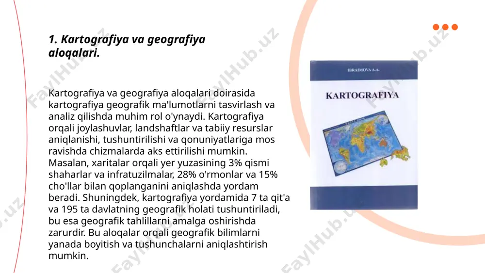 -asrda paydo bo'lib, hozirgi vaqtda sun'iy yo'ldoshlar orqali global ob-havo monitoring tizimlariga ega. har ikki soha uchun 37% ma'lumot almashinuvi xarita aniqligini va ob-havo prognozlarining ishonchliligini oshiradi. yiliga taxminan 25 ming meteorologik xarita ishlab chiqiladi. dastlabki gis tizimlari 1960-yillarda ishlab chiqilgan bo'lib, bugungi kunda ular orqali yiliga 75 terabayt meteorologik ma'lumot qayta ishlanadi. ... t.me/slaydai_bot kartografiya va biologiya fanlari o'rtasida muhim aloqalar mavjud. kartografiya biologik xilma-xillikni kuzatish, ekotizimlarni tahlil qilish va biologik tadqiqotlarni qo'llab-quvvatlashda foydalaniladi. masalan, geografik axborot tizimlari (gat) orqali biologik ma'lumotlarni vizualizatsiya qilish va tahlil qilish mumkin. biologiyada populyatsiyalar tarqalishini, migratsiya yo'llarini va muhofaza qilinadigan hududlarni xaritalash uchun kartografiyadan foydalaniladi. hududiy o'zgarishlar va iqlim ta'sirlarini ko'rsatish uchun ham xaritalar qo'llaniladi. ushbu aloqalar biologik tadqiqotlar, atrof-muhit muhofazasi va barqaror rivojlanish loyihalarida muhim rol o'ynaydi. ... t.me/slaydai_bot 7. kartografiya va iqtisodiy geografiya. kartografiya va iqtisodiy geografiya rivojlanayotgan fanlar bo‘lib, ular dunyo iqtisodining geografik jihatlarini tahlil qiladilar. kartografiya xaritalarni yaratish va …