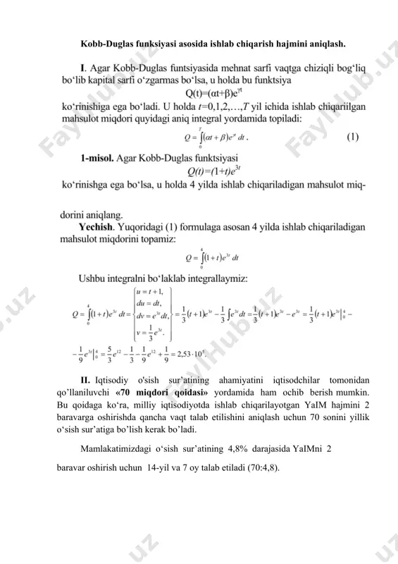 tr quvvati, suv va boshqalar) aytiladi. kapitalga binolar, uskunalar va boshqa turli texnik vositalar kiradi. ishlab chiqarish omilla ri bilan ishlab chiqarish jarayonida yaratilgan mahsulotlar miqdori orasidagi bog‘ liqlik ishlab chiqarish funksiyasi yordamida aniqlanadi. ishlab chiqarish funk siyasi ishlab chiqarish omillarining turli kombinatsiyalarida ishlab chiqaril adigan maksimal mahsulot miqdorini ifodalaydi va quyidagi ko‘rinishda belgilanadi: /docprops/thumbnail.emf 11-mavzu. qisqa muddatli iqtisodiy o’sish. uzoq muddatli iqtisodiy o’sish modellari. iqtisodiy o‘sish iqtisodiy taraqqiyotni ifodalovchi asosiy me’zonlardan biri iqtisodiy o‘sishdir. iqtisodiy o‘sish milliy iqtisodiyotning rivojlanish harakatini ko‘rsatadi va shu sababli ma’lum bir davr oralig‘idagi makroiqtisodiy ko‘rsatkichlarini (yaim, sim va md) taqqoslash yo‘li bilan o‘lchanadi. iqtisodiy o‘sish ikki usul bilan o‘lchanadi: 1. real yalpi ichki mahsulot hajmining o‘tgan davrga nisbatan o‘zgarishi (o‘sishi) ni hisoblash; 2. aholi jon boshiga to‘g‘ri keladigan real yaim hajmining o‘sishini hisoblash. ishlab chiqarish funksiyalari korxona va firmalarning asosiy faoliyati ishlab chiqarishdir. bunda firma ishlab chiqarish omillari (ish kuchi, uskuna va texnologiyalar) tabiiy …