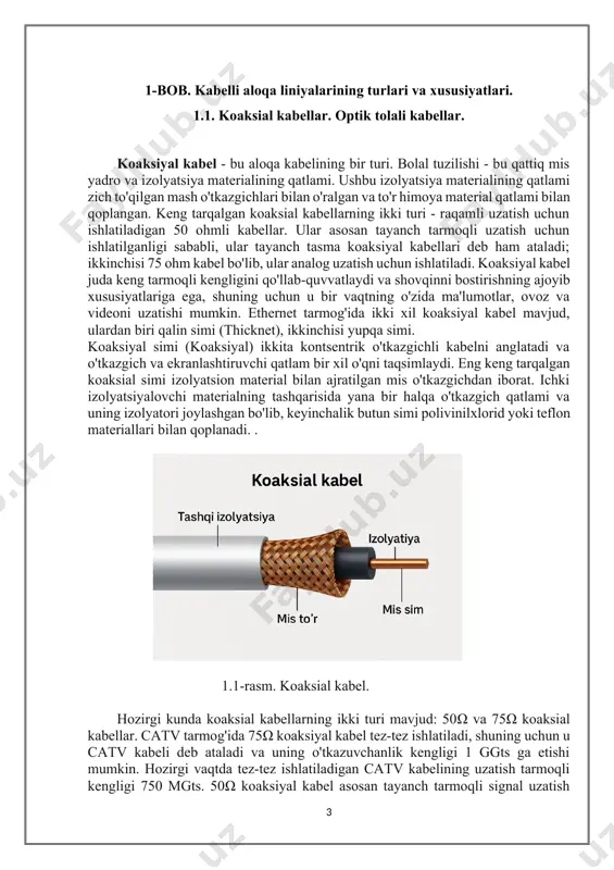 motlar, ovoz va videoni uzatishi mumkin. ethernet tarmog'ida ikki xil koaksiyal kabel mavjud, ulardan biri qalin simi (thicknet), ikkinchisi yupqa simi. koaksiyal simi (koaksiyal) ikkita kontsentrik o'tkazgichli kabelni anglatadi va o'tkazgich va ekranlashtiruvchi qatlam bir xil o'qni taqsimlaydi. eng keng tarqalgan koaksial simi izolyatsion material bilan ajratilgan mis o'tkazgichdan iborat. ichki izolyatsiyalovchi materialning tashqarisida yana bir halqa o'tkazgich qatlami va uning izolyatori joylashgan bo'lib, keyinchalik butun simi polivinilxlorid yoki teflon materiallari bilan qoplanadi. . 1.1-rasm. koaksial kabel. hozirgi kunda koaksial kabellarning ikki turi mavjud: 50ω va 75ω koaksial kabellar. catv tarmog'ida 75ω koaksiyal kabel tez-tez ishlatiladi, shuning uchun u catv kabeli deb ataladi va uning o'tkazuvchanlik kengligi 1 ggts ga etishi mumkin. hozirgi vaqtda tez-tez ishlatiladigan catv kabelining uzatish tarmoqli kengligi 750 mgts. 50ω koaksiyal kabel asosan tayanch tarmoqli signal uzatish uchun ishlatiladi va uzatish tarmoqli kengligi 1 ～ 2omhz. avtobus tipidagi chekilgan tarmoq 50 ω koaksiyal kabeldan foydalanadi. ethernet-da …