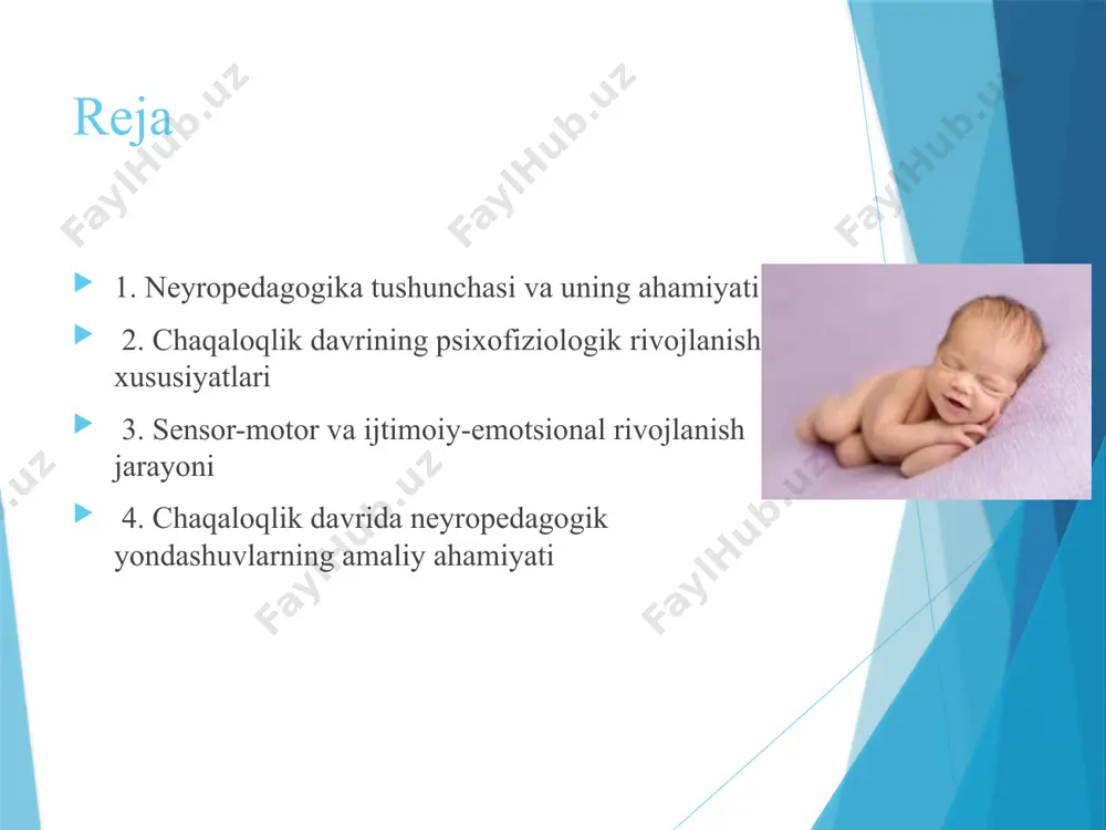 ish. • 4–6 oy: qo‘llar bilan predmetlarni ushlash, og‘iz orqali tekshirish. • 7–9 oy: predmetni bir qo‘ldan ikkinchisiga o‘tkazish, oddiy harakatlarni takrorlash. • 10–12 oy: mustaqil harakat qilish, predmetlardan maqsadli foydalanish. ijtimoiy-emotsional rivojlanish • 2–3 oylikda bola atrofidagilarga kulib javob qaytaradi. • 6 oylikda yaqinlari va begonalarni farqlay oladi. • 9–12 oylikda ota-onaga bog‘lanish kuchayadi, xavfsizlik hissi shakllanadi. • bu jarayonlar keyingi ijtimoiy moslashuvning poydevorini tashkil qiladi. nutq va aloqa shakllanishi • 0–3 oy: tovushlar chiqarish (ingillash, yig‘lash). • 3–6 oy: gug‘ullash, tovushlarni takrorlash. • 6–9 oy: bo‘g‘inlar bilan o‘ynash (ma-ma, ba-ba). • 9–12 oy: sodda so‘zlarni talaffuz qilish, imo-ishora orqali muloqot qilish. • nutq shakllanishi uchun kattalarning muloqoti va mehribon muhit juda muhim. neyropedagogik yondashuvlar • sensor o‘yinlar: rangli o‘yinchoqlar, tovushli predmetlar, turli fakturalar bilan ishlash. • harakatli faoliyat: qo‘l-oyoq mashqlari, emaklashga yordam beruvchi mashqlar. • musiqa va ritm: qo‘shiqlar, ohangdor tovushlar bola miyasining eshitish markazlarini rag‘batlantiradi. • muloqot: …