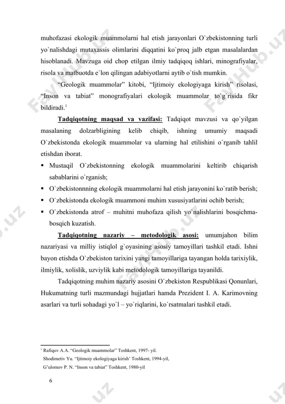 i. tadqiqotning muhim nazariy asosini o`zbekiston respublikasi qonunlari, hukumatning turli mazmundagi hujjatlari hamda prezident i. a. karimovning asarlari va turli sohadagi yo`l – yo`riqlarini, ko`rsatmalari tashkil etadi. tadqiqotning ma`naviy bazasi: mustaqillik davrida yaratilgan asarlar, matbuot materiallarida chop etilgan risolalardan foydalanildi. ushbu asarlar manba bo`lib hizmat qiladi. bitiruv malakaviy ishi: kirish, ii ta bob, xulosa, foydalanilgan adabiyotlar ro`yhatidan iborat. i bob. o`zbekistonda ekologik vaziyatning yomonlashuvi va uning sabablari. i. 1 o`zbekistonda yerning tarkibining buzilishi va ekologik muammolarni vujudga kelishi o`zbekistonda qishloq xo`jaligi sohasida aynan yerga bo`lgan munosabatlarda juda katta islohotlar o`tkazilmoqda. shu jumladan ko`p yillar davomida yuqori va sifatli hosil olish maqsadida barcha yerlar dehqon – fermer xo`jaliklariga aylantirilmoqda. darhaqiqat, har bir xo`jalik o`z hududi tuproqlari ekologiyasi haqida qayg`ursa, mamlakatimiz hududining ekologiyasi yaxshilanishini ta`minlaydi. tuproq ekologiyasi asosan me`yoridan ortiq kimyoviy pestisidlar hamda mineral o`g`itlar ishlatilishi natijasida buziladi. oqibatda nafaqat tuproq, balki atrof – muhit, o`simliklar va hosil orqali insonlar ham zaharlanadi. …
