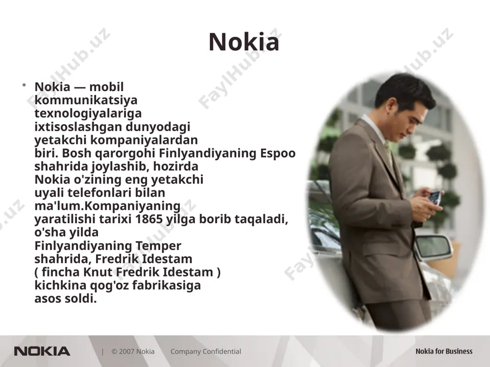 fredrik idestam ismli shaxs nokia shaharchasida yog'ochni qayta ishlovchi kichik bir fabrikani ishga tushiradi.evropada industriya bozori rivojlanayotgan paytda ochilgan bu fabrika tez orada obro' qozona boshladi. kompaniyaning ilk tarixi. fabrikaga shu yaqin atrofdan oqib o'tuvchi daryo nomini berishga qaror qilinadi. kichik shaharcha fredrik idestamga ishga yollonmoqchi bo'lgan kishilar bilan to'la boshladi. 19 asrnin g 60 yillar oxiriga kelib savdo hajmi keskin ko'tarila boshladi. | © 2007 nokia company confidential 1971 yilning fevral oyiga kelib esa rasmiy ravishda nokia korparyeshn kompaniyasi ro'yxatdan o'tkazildi. tez orada kompaniya, rossiya, shvetsiya, daniya, germaniya, polsha, angliya va boshqa bir qator davlatlarga qog'oz eksport qila boshladi. 20 asrning boshlarida sharchaga rezina mahsulotlar xususan kalishdan tortib boshqa mahsulotlar ishlab chiqarishga ixtisoslashgan finish rubber works kompaniyasi kelib qo'shiladi. finnish rubber works ham bu shaharchani bekorga tanlamaydi. sababi bu erda arzon elektr energiyasini qo'lga kiritish imkoni mavjud edi. bunda ham o'sha fredrik idestam tanloviga sabab bo'lgan daryo muhim rol …