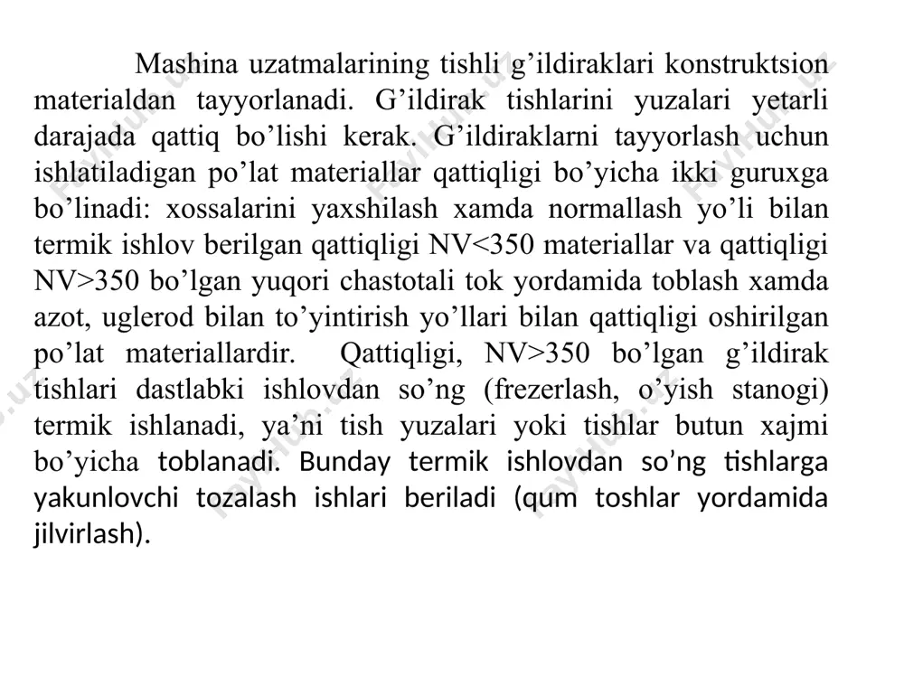 onida tishlardagi kuchlar va kuchlanishlar. yuqori darajali kinematik juftli tishlar ilashish vaqtida bo’g’inlar orasidagi o’zaro xarakatda bo’lgan kuchlar evolventa profilini umumiy normali bo’yicha yo’nalgan bo’lib, normal kuch deb yuritiladi- f (1-rasm). bu kuchni ta’sirida va tishlar orasidagi sirpanish xodisasi ro’y berishidan ishqalanish kuchi fishq xosil bo’ladi. normal f kuchni g’ildirak tishiga ta’sirini ko’rib chiqamiz. bu kuch ta’sirida tishlarda ikki xil kuchlanishlar paydo bo’ladi. ulardan tishlarning ishlash qobiliyatini belgilovchi asosiy kuchlanishlar, tish sirtida xosil bo’ladigan kontakt kuchlanish  bo’lib, tishlarning sirtini elastik ezilishga olib keladi. normal kuch esa, tishni egilishiga olib keladi va tish tubida  – eguvchi kuchlanish xosil bo’ladi. n epyuralari 1-rasmda ko’rsatilgan. eslatish lozimki, kontakt kuchlanishdagi indeks (belgi) n, kontakt kuchlanish nazariyasini yaratish asoschisi xisoblangan nemis olimi familiyasidan herz olingan. eguvchi kuchlanishdagi f belgisi eguvchi kuchni shartli belgisi bilan bog’liq. h va f belgilar kontakt va egilish bo’yicha mustaxkamlikka xisoblashda va xisobni aniqlashtiradigan ayrim koeffitsentlarga ta’luqli bo’lib, zarur …