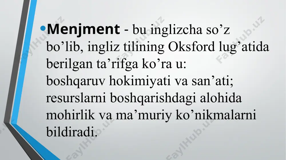 ; 2. maqsad real va bajarilishi mumkin bolishi kerak; 3. maqsad miqdoran olchovga ega bolishi zarur; 4. maqsad barcha bajaruvchilarga tushunarli bolishi kerak; 5. maqsad bolimlar va mas’ullar bo‘yicha detallashtirilgan bolishi kerak; 6. maqsad ko‘p qirrali bolishi lozim maqsadlarning ikkita asosiy turlari mavjud: 1. qisqa muddatli - yoki joriy maqsadlar deganda 1 yil ichida, yil choragi, 1 oy va undan kamroq muddat ichida amalga oshiriladigan maqsadlar tushuniladi. 2. istiqbol maqsadlar - deganda 5 yil yoki undan ko’proq davr mobaynida amalga oshiriladigan maqsadlar tushuniladi. 3. uzluksiz maqsadlar - deganda har kuni qabul qilinadigan va amalga oshiriladigan odatiy maqsadlar tushuniladi. boshqaruv funksiyalari - bu boshqaruv faoliyatining nisbatan mustaqil, ixtisoslashtirilgan va ajratilgan turlaridir. shunga qaramasdan, boshqaruvning beshta umumiy funksiyalarini ajratishni maqsadga muvofiq deb hisoblaymiz: - rejalashtirish (maqsadlar va ularga erishish bo’yicha harakatlar rejasini tanlash); - tashkil qilish (vazifalarni bo’linmalar yoki xodimlar o’rtasida taqsimlash va ular o’rtasida o’zaro hamkorlikni o’rnatish); - motivatsiya (ijrochilarni rejalashtirilgan …