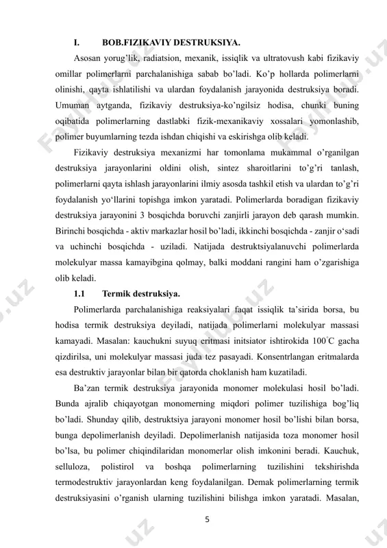 unday makromolekulalar parchalanganda stabillanmagan radikal hosil bo’ladi. bu esa energetik jihatdan ancha qiyin. reaksion zanjirning keyingi rivojlanishi ikkala radikal turlari uchun bir xil tezlikda borsa kerak va monomer ajrab chiqishi bilan sodir bo’ladi. polistirolning destruksiyasida dimer va trimer fraksiyalarning hosil bo’lishini polistirolning fenil guruhidagi faol vodorod atomining mavjudligi bilan bog’liqligini quyidagicha tushuntirish mumkin: zanjir uzatish reaksiyasi stirol zvenolaridan vodorodni ko‘chirish va zvenolararo yuz berishi mumkin. monomer hosil bo‘ lishi makromolekulaning depolimerlanish reaksiyasi tufayli sodir bo‘ladi: monomer, dimer, trimer fraksiyalarning nisbati hosil bo’layotgan boshqa uchuvchan mahsulotlarning miqdori birinchi navbatda jarayonning haroratiga bog’liq. polistirol destruksiyasida harorat 280°c dan 500°c ga ko‘tarilsa destruksiya mahsulotida monomer miqdori oshadi va 40% ga yetadi. polistirolning uchlamchi uglerod atomidagi vodorod metil guruhiga almashtirilsa boshqacha hodisa kuzatiladi. masalan, polimetilstirol xuddi shunday sharoitda termik destruksiyaga uchratilsa 95% gacha monomer hosil bo’ladi. poli-α-metilstirolning oson destruksiyaga uchrab monomer hosil qilishga katta moyilligi, unda to‘rtlamchi uglerod atomining borligi, makromolekuladagi aralash с – …