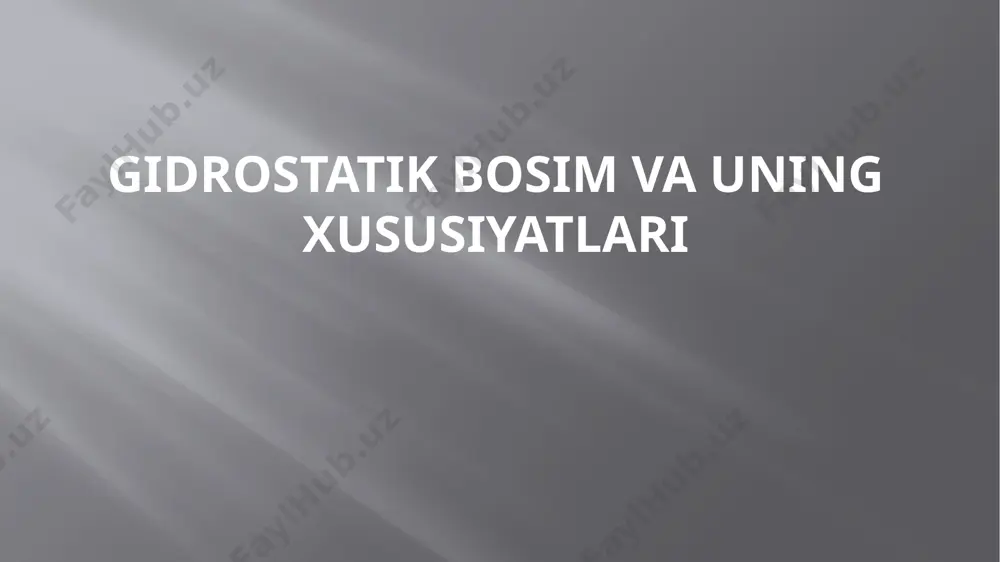 suv ust., mm simob ust. va xokazo; c) tеxnik atmosfеra yoki fizik atmosfеra dеb ataluvchi birliklar bilan, masalan at., atm. 2-xossa gidrostatik bosim o`zi ta'sir qilayotgan nuqtada hamma yo`nalishlar bo`yicha bir xil qiymatga ega. 3-slayd: paskal qonuni paskalning qonuni ta'kidlashicha, yopiq suyuqlikning tazyiqlari o'zgarishi, suyuqlikning barcha qismlariga va idishning devorlariga uzatiladi.ushbu tamoyil - bu avtomobil tormozlari va gidravlik ko'tarish kabi gidrotexnik tizimlar uchun asosdir. 4-slayd: sho'ng'inda arizalar gidrostatik bosim sho'ng'inda hal qiluvchi rol o'ynaydi.avvirogiya o'tkazildi, bosim ularning tanasi va jihozlariga ta'sir qiladi.gidrostatik bosimni tushunish turli xil shikastlanishlarning oldini olishga, shu sababli suzish va ularning sho'ng'in vitesining ishlashini ta'minlashga yordam beradi. 5-slayd: atmosfera bosimi atmosfera bosimi - bu er atmosferasi tomonidan qo'zg'atilgan gidrostatik bosim.bu balandlikning ko'payishi bilan pasayadi.masalan, dengiz sathida atmosfera bosimi 101,3 kilopchak atrofida (kpa), everest tog'ining yuqori qismida joylashgan bo'lsa, u taxminan 33,7 kpaga tushadi. 6-slayd: barometrlar va qon bosimini o'lchash barometrlar atmosfera bosimini o'lchaydi, ob-havo prognozida yordam berish.shunga …