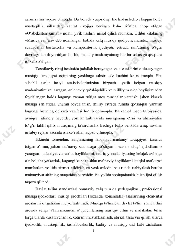 hariy musiqiy boyligini idrok eta oladigan madaniyatii inson darajasida voyaga yetkazishni nazarda tutadi. bunda o‘quvchilar musiqa san'atini butun nafosati bilan o‘rganishiari, ommaviy musiqa faoliyatlari: musiqani badiiy idrok etish, yakka va jamoa bo‘lib qo‘shiq kuylash, raqsga tushish va ijodkorlik malakalarini shakllantirish asosiy maqsad hisoblanadi. kurs ishi mavzuning dolzarbligi. hozirgi globallashuv jarayonlari tezlashgan vaqtda o‘zbek milliy musiqiy saxnaviy janrlarni professional darajada ijro eta oladigan o‘quvchi yoshlarni tayyorlash, raqobatbardoshligini ta’minlashdagi asosiy yo‘nalishlarni belgilab olish zarur. kurs ishi mavzusining maqsadi.musiqiy sahnaviy janirlarni o‘rganish orqali,musiqali dramma, opera va balet janrlari haqida to‘liq ma’lumotga ega bo‘lish. kurs ishi mavzusining obyekti. musiqiy sahnaviy janirlar,musiqali dramma, opera va balet janrlari. kurs ishi mavzusining tuzilish hajmi. kirish, ikkita bob, xar bir bobda ikkitadan paragrf, xulosa, foydalanilgan adabiyotlr ro‘yxativa ularga qilingan ilovalardan iborat. i.bob. musiqaviy saxnaviy asarlarning nazariy asoslari. i.1. musiqiy saxnaviy asarlarning yaratilish tarixi. 1945-75 yillarda o‘zbek teatr musiqasi uch asosiy janr — musiqali drama, opera va balet janrlarida …