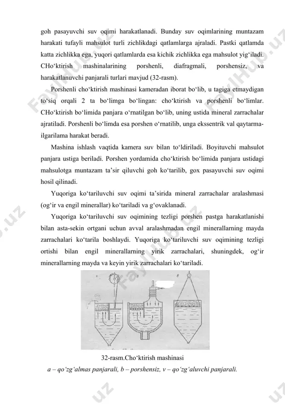 g‘ir va yirik zarrachalarning bir qismi panjara ustida qoladi. porshen yuqoriga harakatlanganda pastga harakatlanuvchi suv oqimi hosil bo‘lib, bunda og‘ir minerallarning yirik zarrachalari eng katta tezlik bilan, engil minerallarning mayda zarrachalari eng kichik tezlik bilan panjara tomon harakatlanadi. bu paytda panjara ustidagi mineral zarrachalar qatlami zichlashadi. g‘ovaklanish va zichlanish sikllarining qayta-qayta takrorlanishi natijasida mineral zarrachalarning birlamchi qatlami ikkilamchi qatlamiga bo‘linadi: yuqori qatlamda minerallarning nisbatan engil zarrachalari, pastki qatlamda esa nisbatan og‘irlari joylashadi. cho‘ktirish muntazam g‘ovaklanib va zichlashib turuvchi mahsulot qatlamida siqilib tushish sharoitida amalga oshiriladi. bunda cho‘ktirish mashinasining panjarasida hamma vaqt o‘rindiq deb ataluvchi qatlam bo‘ladi. bu o‘rindiq tabiiy va sun’iy bo‘lishi mumkin. agar o‘rindiq boyitilayotgan mahsulotning yirik va og‘ir zarrachalaridan tashkil topgan bo‘lsa - tabiiy o‘rindiq, boshqa mahsulot zarrachalaridan tuzilgan bo‘lsa, sun’iy o‘rindiq deyiladi. sun’iy o‘rindik sifatida dala shpati, magnetit, metal-zoldirlar ishlatilishi mumkin. mineral zarrachalar ham g‘ovaklangan holatida bo‘lganda va pastga harakatlanuvchi suv oqimi ta’sir eta boshlaganda og‘ir minerallarning …