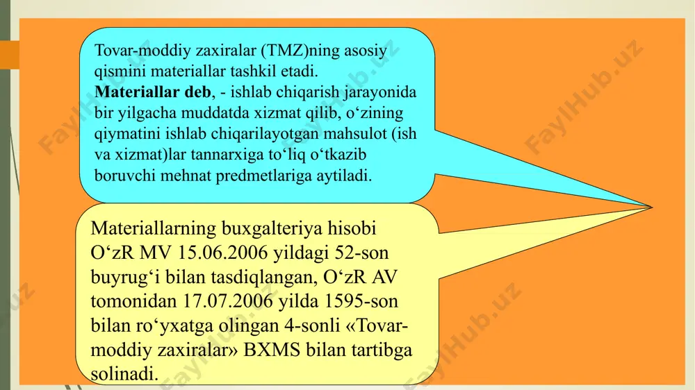 qiy tannarxini aniqlashda baholashning quyidagi usullari о‘rtacha tannarx bо‘yicha aveco о‘rtacha chamalangan baholar bо‘yicha, 1-chi tushum 1-chi xarajat, fifo о‘rtacha chamalangan baholar bо‘yicha, oxirgi tushum oxirgi xarajat, lifo materiallarning sof sotish qiymatigacha qisman hisobdan chiqarish quyidagi usullar orqali baholanadi. moddalar bо‘yicha usul- material- larning har bir turi baholanadi. asosiy tovar guruhlari- ning usuli - materiallarning guruh imtiyozi baholanadi. materiallar zaxirasi- ning umumiy darajali usuli – hamma materiallar baholanadi. № shakllar mazmuni 1 m-1-shakl materiallarni hisobga olish daftari 2 m-2-a-b-shakl ishonchnoma, materiallarni ommaviy tarzda olib kelishdagi ishonchnoma, maxsus qayd daftari 3 inv.3-shakl inventarizatsiya rо‘yxati 4 m-4 shakl moddiy javobgar shaxs tomonidan tо‘ldiriladigan kirim orderi; 5 m-5- shakl tovar-transport yuk xati, tо‘rt nusxada tuziladi: - mol xarid qiluvchiga – kirim orderi; mol yuboruvchiga – hisobdan chiqarish uchun; avtotransport xaydovchilariga ish haqi hisoblash uchun; - bankka topshirish uchun. 6 m-6- shakl tovar-transport yuk xati (temir yо‘l transporti) 7 m-7-shakl materiallarni qabul qilish dalolatnoma …