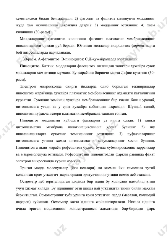 киладиган суюклик, тоза сув ва кандай булмасин бирор модда, масалан, метилен куки деган буёк эритмаси куйилади (31-расм). 31-расм. осмометрда осмос ва осмотик босим вужудга келиш схемаси. бу икки ҳолни куриб чикайлик. биринчи ҳолда сув молекулаларини утказадиган, аммо метилен куки молекулаларини ушлаб коладиган майда тешикли парда осмометрнинг туби булиб хизмат килади. осмометрга метилен кукининг сувдаги 0,5 %ли эритмаси, катта идишга тоза сув куйилади. сув катта идишда 100 % ни, осмометрда эса факат 99,5 % ни ташкил килганлиги, эритмалар концентрацияси эса бараварлашишга интилганлиги учун катта идишдан сув осмометрга ута бошлайди, яъни осмос ходисаси руй беради (осмометрдаги суюклик ранги учиб боради). шунинг натижасида шиша найдаги суюклик устунчаси (h) сувни ярим утказгич осмометр туби оркали утиб туришга мажбур киладиган куч билан босими бараварлашмагунча кутарилиб боради. мана шу куч осмотик босим деб аталади. осмотик босим эриган модда концентрациясига (мазкур ҳолда буёк концентрациясига ) тугри пропорционал, яъни эриган модда барча молекулалари ва ионларининг ярим утказувгич пардага …