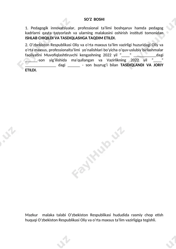 ing o‘quv yuklamalari hajmi va standart talablarini bajarilishi nazoratini belgilaydi. malaka talabi ta’lim oluvchilarning kasbiy tayyorgarligi sifati va kasbiy kompetentsiyasini baholashda hamda ta’lim muassasalarini attestatsiyadan o‘tkazishda asosiy mezon hisoblanadi. mazkur talablarning bajarilishi professional ta’lim muassasalarining bitiruvchilariga professional ta’limning tegishli darajasini olganligi to‘g‘risida davlat namunasidagi hujjat berilishi uchun asos hisoblanadi. malaka talabi ta’limni boshqarish davlat organlari va ta’lim faoliyati sub’ektlari tomonidan, idoraviy bo‘ysunuvi va mulkchilik shakllaridan qat’iy nazar, tadbiq etilishi majburiydir. ushbu malaka talabi turanimator, turizm axborot markazi konsultanti, turizm agenti, yo‘riqchi-yo‘lboshlovchi kasblarining professional standart talablari asosida ishlab chiqildi. 2. kasbiy ta’lim xususiyati 2.1. 41010701 – turizm mutaxassisligi doirasida beriladigan kvalifikatsiyalar: 1. turanimator. 2. turizm axborot markazi konsultanti. 3. turizm agenti 4. yo‘riqchi-yo‘lboshlovchi . 5. ichki turizm gidi 6. eko va agro turizm agenti kamida umumiy o‘rta ma’lumotga ega bo‘lgan shaxslar hisobidan shakllantirilgan guruhlarda tanlangan kvalifikatsiyalar sonidan kelib chiqib o‘qish muddati belgilanadi. bu guruhlarda kasb doirasida beriladigan kvalifikatsiyalardan birortasini muvaffaqqiyatli o‘zlashtirgan …