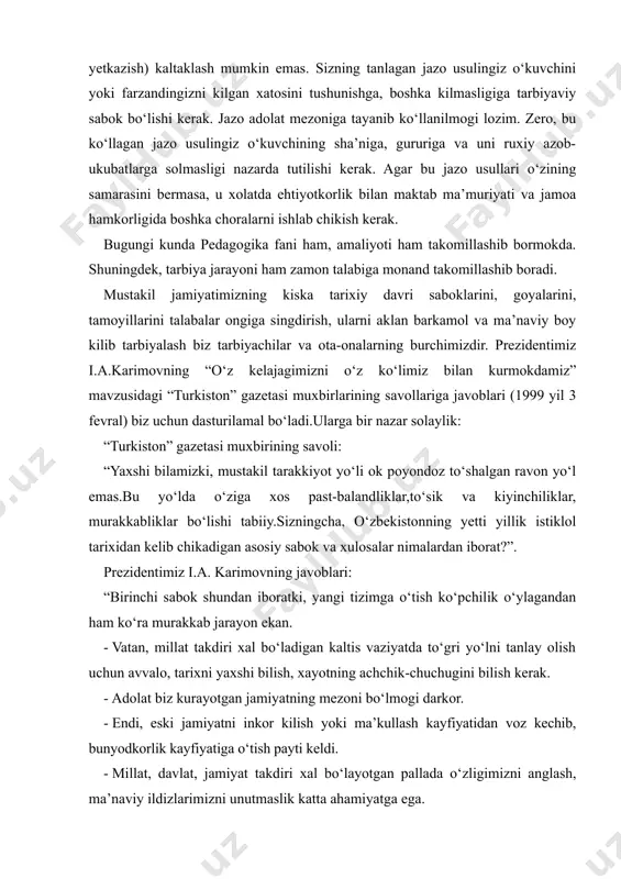 yatidan voz kechib, bunyodkorlik kayfiyatiga o‘tish payti keldi. - millat, davlat, jamiyat takdiri xal bo‘layotgan pallada o‘zligimizni anglash, ma’naviy ildizlarimizni unutmaslik katta ahamiyatga ega. - biz insonlar dunyokarashini boshkarish fikridan yirokmiz, balki biz insonlarning tafakkurini boyitish, uni yangi ma’no va mazmun bilan to‘ldirish tarafdorimiz. tarix inson ko‘zini ochar ekan. uni o‘rganish ko‘p xatolarning oldini oladi. chunki insoniyat tarixida davrlar, jarayonlar charxpalak kabi aylanib, kaytarilib turadi. fakat bu xatolar yangi tarixiy boskichda, yangicha shaklda ro‘y beradi. bizning tariximizda ham o‘sish, yuksalish va tanazzul tomonlari bo‘lgan. xalkimiz boshidan ko‘p vokealarni o‘tkazgan. zafarni ham, maglubiyatni ham, parokandalikni ham ko‘rgan. buyuk amir temur xukmronlik kilgan davr va undan keyin kechgan jarayonlar yorkin misol bo‘la oladi. buyuk ajdodimiz yuksak tarakkkiy topgan davlat barpo ekani va bu mamlakatda “kuch-adolatdadir” degan bosh shior davlat siyosatining, jamiyatning asosi bo‘lganini yaxshi bilamiz. bu goya odamlarga kuch bergan, ularda insof-diyonatga, ezgulikka ishonch uygotgan. chunki jamiyatda adolat barkaror bo‘lsa, millat, xalk …
