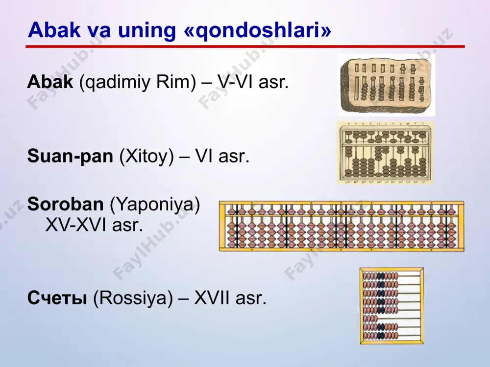 sistema 1952. besm – katta elektron hisoblash mashinasi (bolshaya elektronno-schetnaya mashina) 5 000 elektron lampalar sekundiga 10 000 amal ikkilik sistema s.a.lebedev kompyuterlari yarim o’tkazgichli tranzistorlarda (1948, dj.berdin, u.bretteun va u.shokli) sekundiga 10-200 ming amal birinchi operatsion tizimlar birinchi dasturlash tillari: fortran (1957), algol (1959) axborotni saqlash vositalari: magnit barabanlar, magnit disklar ii-avlod (1955-1965) 1953-1955. ibm 604, ibm 608, ibm 702 1965-1966. besm-6 60 000 tranzistor 200 000 diod sekundiga 1 mln. amal xotira – magnit lenta, magnit baraban 1990-yillargacha foydalanilgan. integral mikrosxemalarda (1958, dj.kilbi) tezkorligi sekundiga 1 mln. gacha amal tezkor xotira – yuzlab kbayt operatsion tizimlar – xotirani, qurilmalarni, protsessorning vaqtini boshqarish, dasturlash tillari basic (1965), pascal (1970, n.virt), c (1972, d.ritchi) dasturlarning mosligi iii-avlod (1965-1980) ibm maynfreymi katta universal mashinalar 1964. ibm/360 firmi ibm. kesh xotira buyruqlarga konveyerli ishlov berish operatsion tizim os/360 1 bayt = 8 bit (4 yoki 6 emas) vaqtni bo’lish 1970. ibm/370 1990. …