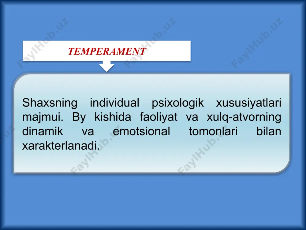 fh/(fq) i.p.pavlov temperament ham shartli reflektor faoliyatining individual xususiyatlarini keltirib chiqaruvchi omillar bilan bog’liq bo’lishi mumkin, degan xulosa chiqaradi. i.p.pavlov ta’limoti bo’yicha, shartli reflekslar paydo bo’lishining individual xususiyatlari ro’yobga chiqishining sabablari nerv sistemasini xususiyatlari mohiyatidandir. i.p.pavlov quyidagi 3 ta xususiyatni ajratib ko’rsatadi: 1) qo’zg’alish va tormozlanish jarayonlarining kuchi; 2) qo’zg’alish kuchi bilan tormozlanish kuchi o’rtasidagi muvozanatlilik darajasi; 3) qo’zg’alishning tormozlanish bilan almashinish tezligi yoki nerv jarayonlarining harakatchanligi. temperament sangvinik хоlеriк flegma tik melan xolik muvozanat lashgan muvozanat lashmagan sust kuchsiz asab tizimi tiplari asab tizimi tiplari 1. kuchli, muvozanatli, epchil; 2. kuchli, muvozanatsiz, epchil; 3. kuchli, muvozanatli, sust; 4. kuchli, muvozanatsiz sust. i.p. pavlov ta’limoti bo’yicha nerv sistemasi tiplarining va gippokrat ta’limoti bo’yicha temperamentning o’zaro munosabatlari temperament tiplari nerv tizimining kuchi nerv tizimining muvozanati nerv tizimining ildamligi xolerik kuchli jo’shqin muvozanatsiz qizg’in serharakat sangvinik kuchli serharakat muvozanatli serharakat flegmatik kuchli vazmin muvozanatli inert (sust) melanxolik kuchsiz muvozanatsiz tormozli serharakat yoki …