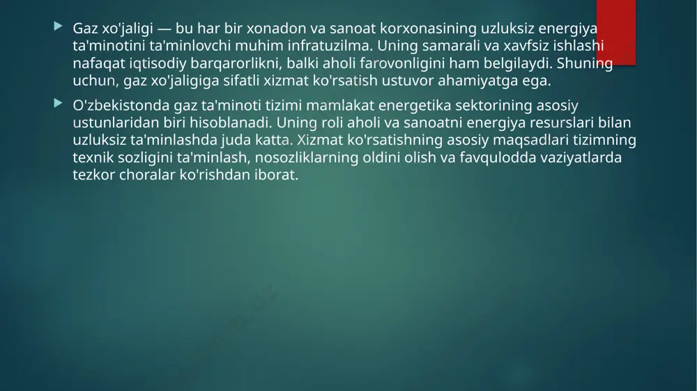 mutaxassislar tomonidan ta'mirlanadi yoki yangisiga almashtiriladi. xulosa sifatli xizmat gaz xo'jaligiga sifatli xizmat ko'rsatish nafaqat resurslarni tejash, balki aholi va korxonalar uchun uzluksiz va xavfsiz gaz ta'minotini ta'minlashda hal qiluvchi ahamiyatga ega. xavfsizlik ustuvorligi doimiy texnik nazorat, profilaktika va favqulodda vaziyatlarga tayyorlik xavfsizlikni ta'minlash va avariyalarning oldini olishning asosidir. barqarorlik va rivojlanish gaz ta'minoti tizimining barqarorligi va uzluksiz rivojlanishi mamlakat energetik xavfsizligi va iqtisodiy o'sishining garovidir. takliflar texnologiyalarni modernizatsiya qilish, xodimlarning malakasini oshirish va raqamli tizimlarni keng joriy etish orqali gaz xo'jaligi samaradorligini yanada oshirish mumkin. image6.jpeg image7.jpeg image8.jpeg image9.png image2.png image3.png image4.png image5.png /docprops/thumbnail.jpeg