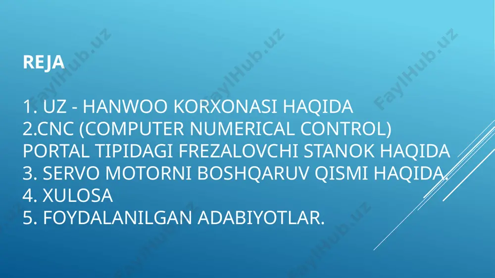 obillarga qismlar ishlab chiqarishni boshlagan . • 2019-yilda gm qsb sifat boshqaruv tizimi joriy etilgan . qo‘shimcha tarkibiy korxona – uz‑hanwoo engineering • 2009-yil 27 iyulda tashkil etilgan, 2010-yilda faoliyatga kirishgan. • mashina qismlari uchun shtamp va press-forma dizayni hamda ishlab chiqarish bilan shug‘ullanadi. • 2022-yillarda hududiy hokim e’tiboriga tushgan, yiliga million yakkalik ishlab chiqarish quvvatiga ega, faol xodimlar soni 170+ . moliyaviy-ko‘rsatkichlar va investitsiyalar • loyihaning dastlabki qiymati taxminan 5 million aqsh dollarini tashkil qilgan. • yiliga 279 000 dona ishlab chiqarish quvvati, eksport ulushi taxminan 10% . • 2022-yilda ishlab chiqaruvchi profil investitsiya loyihalarini kengaytirish maqsadida 2 million aqsh dollar miqdorida kredit yoki sarmoya jalb qilishni rejalashtirgan . uz‑hanwoo – bu o‘zbekistonda mashinasozlik va avtomobil komponentlari sohasida etakchi korxona: • koreya hamkorligi asosida tashkil etilgan, • iso sertifikatlariga ega, • zamonaviy texnika va press-yo‘nalishda faol, • yirik avtomobil yig‘ish zavodlariga yuqori sifatli shovqinni izolyatsiya qiluvchi komponentlar yetkazib beradi. …