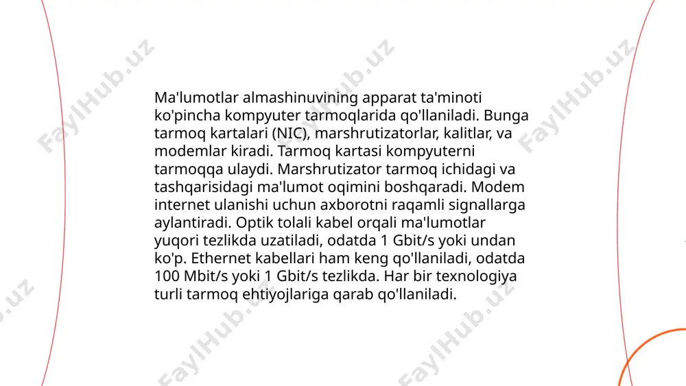 obal darajada ishlaydi. tarmoq topologiyalari orasida yulduzcha, halqa, va avtobus eng keng tarqalganlaridan. har bir arxitektura va topologiya o'zining afzallik va kamchiliklariga ega. ... t.me/slaydai_bot tarmoq topologiyalari kompyuter tarmoqlarining fizik yoki mantiqiy tuzilishini ifodalaydi. eng keng tarqalgan topologiyalar quyidagilardir: "yulduz" topologiyasi, bitta markaziy tugunga barcha boshqa tugunlar ulanishi bilan tavsiflanadi; "halqa" topologiyasi, bu yerda har bir tugun ikkita qo'shni tugun bilan ulangan; "avtobus" topologiyasi, barcha tugunlar bitta asosiy kabelga ulangandir; va "to'liq ulanish" topologiyasi, har bir tugun barcha boshqa tugunlar bilan bevosita ulangan. bu topologiyalar foydalanish maqsadi va talablariga ko'ra tanlanadi. yulduz topologiyasi keng qo'llaniladi, chunki u boshqarish va nosozliklarni tashxislashda qulaylik yaratadi, lekin bitta markaziy tugun ishdan chiqsa, butun tarmoq to'xtab qolishi mumkin. malumotlarni almashish jarayonlarining xarakteristikasi, ma‟lumotlar almashinuvining apparat ta‟minoti. tarmoq hizmatlari. tarmoq texnologiyasi: tarmoq texnologiyasi haqida tushuncha, ko„prik va shlyuzlar. kompyuter tarmog„ining arxitekturasi, tarmoq topologiyalari, tarmoq tizimining modeli, ma‟lumotlarin uzatish bayonnomalari, ip, tcp va udp bayonnomalari karimova …