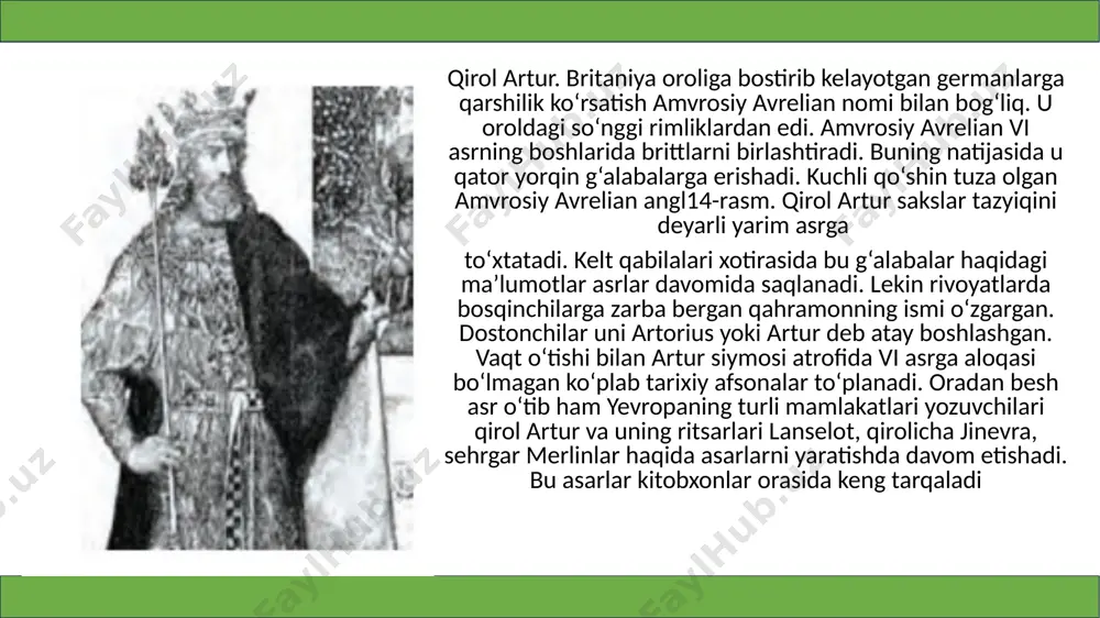 rli qolmagan edi. u eski angl-saks qonunlarini yozishni va angliya tarixiga oid ma’lumotlar to‘plashni buyuradi. buyuk alfred davrida «anglosakson solnomasi» tuzilib, unda yilma-yil muhim voqealar qayd etila boshlanadi. denloning qaytarilishi. qirol alfredning o‘limidan so‘ng uning vorislari denloga hujum boshlaydi. yangi qo‘shin muvaffaqiyatli harakat qilib, x asrning so‘nggi choragiga kelganda angliya qirolligi (bu paytda avvalgi britaniya nomi yangi angliya atamasi tomonidan uzil-kesil surib chiqarilgan) daniya qonunlari viloyatini qo‘shib oladi. bu davrga kelib, denloga o‘rnashgan daniyaliklar mahalliy aholi bilan ancha yaqinlashib, aralasha boshlagan edi. keyinchalik angliyada yana ichki nizolar boshlanib, davlat zaiflashadi. ayni paytda, daniya tez yuksala boshlaydi. daniya qirolligi angliyaga hujum qilgan daniyalik vikinglarga nisbatan xavfliroq edi. image1.png image2.png image3.png image4.png /docprops/thumbnail.jpeg