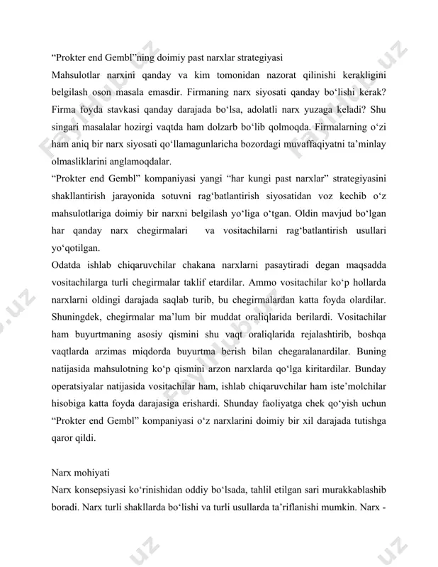 ijasida mahsulotning ko‘p qismini arzon narxlarda qo‘lga kiritardilar. bunday operatsiyalar natijasida vositachilar ham, ishlab chiqaruvchilar ham iste’molchilar hisobiga katta foyda darajasiga erishardi. shunday faoliyatga chek qo‘yish uchun “prokter end gembl” kompaniyasi o‘z narxlarini doimiy bir xil darajada tutishga qaror qildi. narx mohiyati narx konsepsiyasi ko‘rinishidan oddiy bo‘lsada, tahlil etilgan sari murakkablashib boradi. narx turli shakllarda bo‘lishi va turli usullarda ta’riflanishi mumkin. narx - bir tomonning ikkinchi tomondan biror bir qiymatga ega narsani olish uchun evaziga beradigan to‘lovdir. narx - mahsulot va xizmatlar qanchalik foydaliligi va talabga javob berish darajasini baholovchi qiymatdir. narx nima? narx doim ham pul o‘lchovida belgilanmaydi. masalan, barter jarayonida mahsulot narxi boshqa mahsulot birliklarida ifodalanadi. narx turli vaziyatlarda turlicha nomga ega bo‘lishi mumkin: moddiy mahsulotlar sotib olishda - narx, ta’lim muassasalarida -kontrakt to‘lovi, biror uskuna yoki turar joydan vaqtincha foydalanishda - ijara, puldan foydalanishda - foiz, mehnat uchun - ish haqqi, noqonuniy xarakatlarda - pora ko‘rinishida bo‘ladi. …
