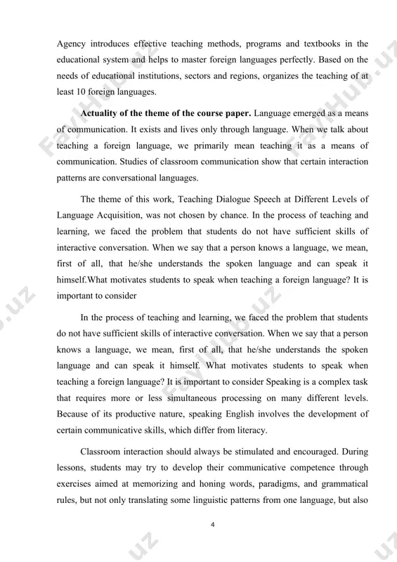 and arguing. etc. the actuality of the course paper. the relevance of the course work is that it takes topics such as an in-depth analysis of the importance of educational technologies in the development of dialogic speech of learners at the b1 level of academic lyceum students, the formation of their learning skills, learning to develop their personal aura in a communicative environment. . for this reason, the subject of the course work includes the students of the intermediate level of the academic lyceum. in the growth of their dialogic speech activities, personal conclusions are given by considering the theoretical and practical analysis of educational technologies. the object and subject matter of the course paper. the goals of the course work are as follows: 1. critical analysis of dialogical speech; 2. to study dialogic speaking components and parts of speech 3. analyzing the theoretical base of dialogic speaking 4. to …