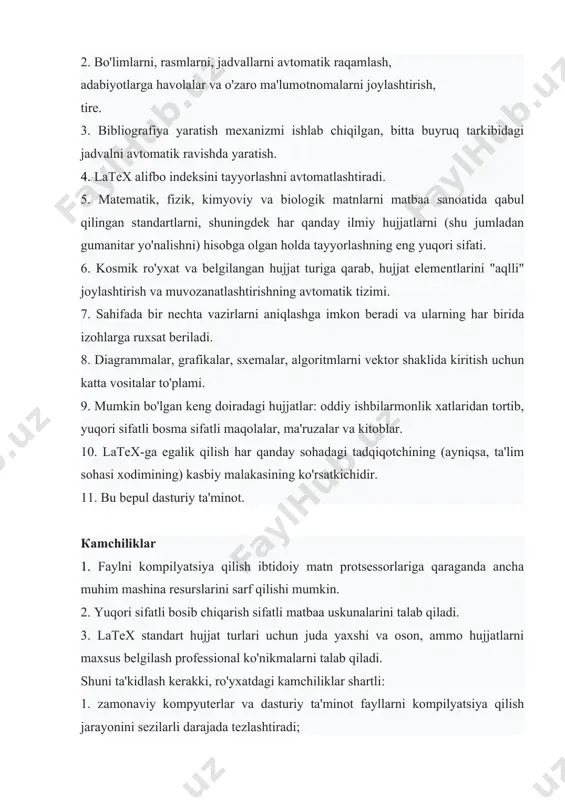 nish tavsiya etiladi? 3. latex nashriyot tizimining asosiy xususiyatlarini sanab o'ting. 4. latex ning kamchiliklari nimada? 5. latex-ning afzalliklari nimada? image1.png image2.png image3.png