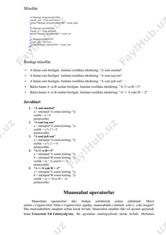 ni toq son". · a butun soni berilgan. jumlani rostlikka tekshiring: “a soni juft son". · ikkita butun a va в sonlari berilgan. jumlani rostlikka tekshiring: ”a>2 va b = 0 yoki в 0 print(rostlik) 2. “a soni toq son” a = int(input("a sonini kiriting: ")) rostlik = a % 2 != 0 print(rostlik) 3. “a soni juft son” a = int(input("a sonini kiriting: ")) rostlik = a % 2 == 0 print(rostlik) 4. “a>2 va b 2) and (b = 0 yoki в = 0) or (b dan katta x > y agar x, y dan katta bo'lsa true, aks holda false natija chiqadi = dan katta yoki teng x >= y agar x, y dan katta yoki teng bo'lsa true, aks holda false natija chiqadi 5) print("dan katta:", result_greater_than) # dan kichik result_less_than = (3 = 6) print("dan katta yoki teng:", result_greater_equal) # dan kichik yoki teng result_less_equal …