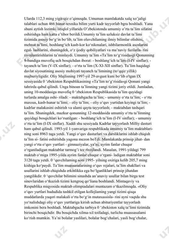 hlab chiqish uchun 1993-yilda 4-ta komissiya tuzildi. shu bilan bir qatorda, keyingi yillarda jumhuriyat oliy o‘quv yurtlarida o‘qitishning yangi usullarini qo‘llashda ma’lum tajribalar to’plandi. masalan, toshkent aloqa va elektronika institutida 3 semestrlik o‘qitish shakli joriy etildi. har bir semestr 2-3 imtihon va 3-4 sinov bilan yakunlanadi. 0 ‘quv jarayoniga shu vaqtgacha amal- da bo'lmagan o‘qitish va nazorat usullari model va bilimni reyting bo‘yicha baholash tartibi tatbiq qilindi. tajriba shuni ko‘rsatdiki, u bir necha afzalliklarga ega. xususan, dars soatlari qiyinchilik- larsiz semestrga bo’linadi, o’qituvchilar uslubiy, ilmiy ishlar biian shug‘ullanish, malaka oshirish uchun qo‘shimcha vaqtga ega bo‘ladilar, talabalar uchun esa bir yilda uch marotaba ta’tilga chiqishlariga imkon yaratildi. bu tajriba tufayli institut bir muncha muvaffaqiyatlarga erishdi. xususan, boshlang‘ich kurslar talabalarining oliy ta’lim shart-sharoitlariga ko‘nikishlari yaxshilandi. o’zlashtirish ham oson, ham sifat jihatidan o‘sdi. o’zbekiston mustaqillikka erishgandan so‘ng yoshlarga hozirgi zamon eng ilg‘or bilimlarini berish, ulami davr talabiga mos muta- xassis qilib tarbiyalashda izchil …