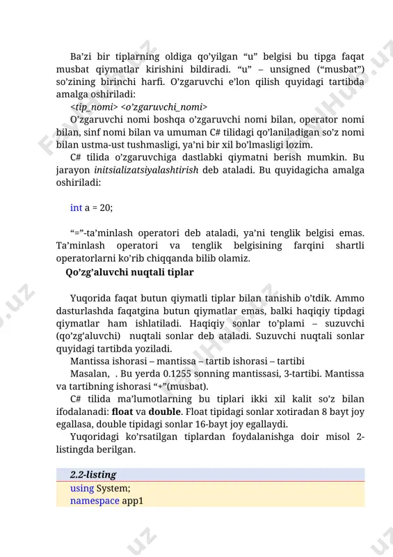 r bilan tanishib o’tdik. ammo dasturlashda faqatgina butun qiymatlar emas, balki haqiqiy tipdagi qiymatlar ham ishlatiladi. haqiqiy sonlar to’plami – suzuvchi (qo’zg’aluvchi) nuqtali sonlar deb ataladi. suzuvchi nuqtali sonlar quyidagi tartibda yoziladi. mantissa ishorasi – mantissa – tartib ishorasi – tartibi masalan, . bu yerda 0.1255 sonning mantissasi, 3-tartibi. mantissa va tartibning ishorasi “+”(musbat). c# tilida ma’lumotlarning bu tiplari ikki xil kalit so’z bilan ifodalanadi: float va double. float tipidagi sonlar xotiradan 8 bayt joy egallasa, double tipidagi sonlar 16-bayt joy egallaydi. yuqoridagi ko’rsatilgan tiplardan foydalanishga doir misol 2-listingda berilgan. 2.2-listing using system; namespace app1 { class program { public static void main() { console.writeline("farengeyt va selsiy shkalasi jadvali"); console.writeline("farengeyt selsiy"); int lower, upper, step; double fahr, cels; lower=0; upper=300; step=20; fahr=lower; while(fahr b; bunda c mantiqiy o’zgaruvchisi 1 (rost) ni qabul qiladi. chunki 20>5 mantiqiy ifoda natijasi rostdir. simvolli tiplar dasturlashda faqatgina sonli masalalar emas, balki simvollar bilan bog’liq …