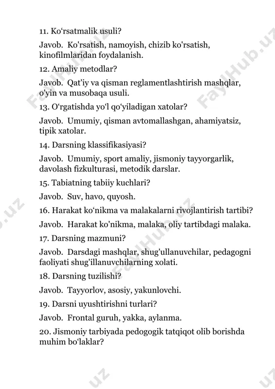 n? javob. tinch, standar, o;rta ish bajarganda. 38. trenirovka tayyorgarlik davrini bosqichlari? javob. umumiy tayyorgarlik va maxsus tayyorgarlik. 39. jismoniy mashqlarni bajarish miyori nimaga bog’liq? javob. mashqni sodda yoki murakkabliligiga, shug'ullanuvchilarning tayyorgarliligiga, yoshiga. 40. trenirovkani o’tish davri va muddati? javob. 2 oygacha. 41. jismoniy tarbiya darsi kanspekti qisimlari? javob. 3 42. jismoniy tarbiya darsini yakunlovchi qismini vazifasi? javob. o'quvchilarni vujudini tinchlantirish va uyga vazifa berish. 43. choraklik o`quv reja nimaga asoslaniib tuziladi? javob. yillik o'quv rejaga asosan. 44. sport qaysi tildan olingan? javob. ingliz tildan olingan. 45. sport so’zining ma’nosi? javob. o'yin, say, tomosha, ermak, ovunchoq. 46. jismoniy mashqni ta’riflash? javob. tabiatdan sog'lomlashtiruvchi kuchlar va gigiyena omillari jismoniy tarbiya vositalari kompleksi. 47. darsning zichligi necha qismdan iborat? javob. 2ta. 48. darsining zichligi qaysi yul bilan aniqlanadi? javob. xronometraj. 49. sportchining tayyorgarligi ta’rifi? javob. jismoniy, sport-texnika, taktik, ma'naviy iroda, nazariy tayyorgarlik. 50. sportchining jismoniy tayyorgaligi? javob. sport faoliyati uchun zarur bo'lgan …
