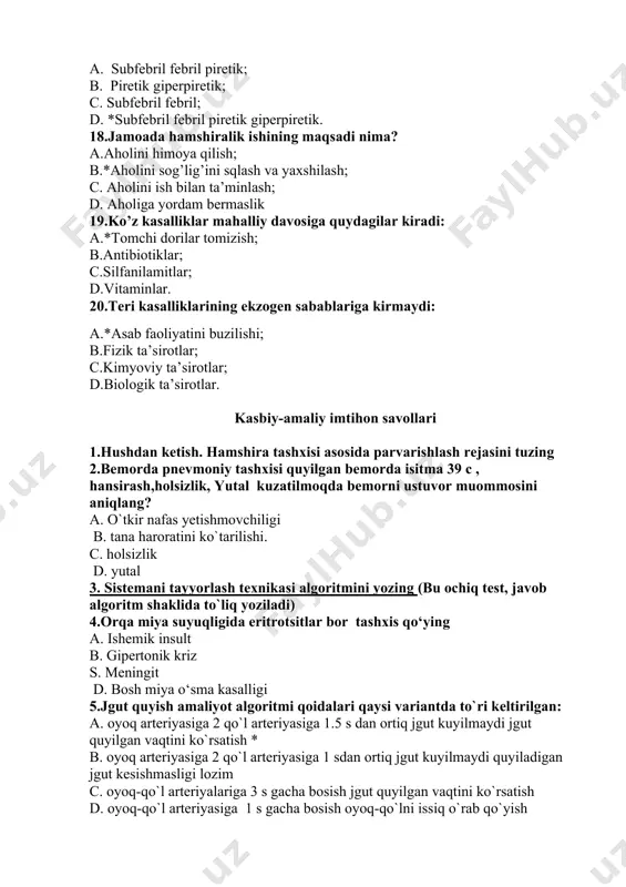 qtini ko`rsatish * b. oyoq artеriyasiga 2 qo`l artеriyasiga 1 sdan ortiq jgut kuyilmaydi quyiladigan jgut kеsishmasligi lozim c. oyoq-qo`l artеriyalariga 3 s gacha bosish jgut quyilgan vaqtini ko`rsatish d. oyoq-qo`l artеriyasiga 1 s gacha bosish oyoq-qo`lni issiq o`rab qo`yish 6. qariyalarda anafilaktik shokda shoshilinch yordam korsatish algoritmi qaysi javobda kursatilgan a. kalsiy xlor 10%-10 ml tomir ichiga, kalsiy glyukonat 10%-10 ml tomir ichiga yuboriladi.. vikasol. 1% li eritmasi 1 ml dan muskullar orasiga yuboriladi. askorbin kislota. 5% li eritmasi 1-3 ml miqdorida parenterial yul bilan yuboriladi. b. qatiy yotish tartibi. nitrogliserin -1tabletkadan til tagiga tashlanadi, xar 5-minutda 3-martagacha. dimedrol 1% li eritmasi 1-5 ml miqdordagi eritmasi muskullar orasiga va tomir ichiga yuboriladi. analgin 50% -2 ml muskullar orasiga papaverin gidroxlorid 2%-1-2 ml aspirin 1tabletka ichishga c . *tinchlik.. kislorodterapiya adrenalin gidroxlorid 0,1% li eritmasi 0,3-1 ml dan teri ostiga va muskullar orasiga ba’zan tomirdan yuboriladi. gidrokortizon. bir kecha kunduzda …