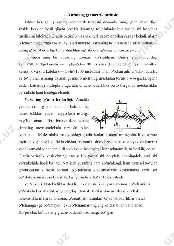 dir-budurliklar bir xil o‘lchamga ega bo‘lmaydi, lekin o‘lchamlarning eng kattasi bilan baholanadi. ko‘pincha, ko‘ndalang g‘adir-budurlik uzunasiga bo‘lgan r a s m. g‘adir-budurlikning qadami notekislikdan 2—3 marta katta va balandligi. bo‘ladi. yuzaning g‘adir-budurligiga ta’sir etadigan omillar: metallning yuza qatlamidagi elastik va plastik shakl o‘zgarishlar, kesish sharoitlari, smad tizimining bikirligi, asbob tig‘ining shakli va holati, asbobning ishlanayotgan yuzaga ishqalanishi, detal materiali va shu kabilar. g‘adir-budurlik hosil bo‘lish jarayoniga bag‘ishlab qator ilmiy ishlar bajarilgan. ularda hamma omillarning ta’siri o‘rganilgan. eng ko‘p ta’sir etadiganlari kesish tezligi va detalning bir aylanishida keskichning surilish yo‘li (s) dir. 3-rasmda turli rusumli konstruksion po‘latlarini yo‘nganda aniqlangan r=f (v) bog‘lanish ko‘rsatilgan:1-chiziq perlit-ferritli, 2-zanglamaydigan va haroratbardosh austenitli po‘latlarga, 3-oson eriydigan metallar va qotishmalarga tegishli. 3-chiziqning tuzilishi shuni ko‘rsatadiki, kesish tezligi ma’lum darajaga chiqqanida harorat juda ko‘tarilib ketib, detalning materiali yumshab, hatto erib ketishi mumkin. kesish tezligi yana ham oshirilsa, g‘adir-budurlik battar bo‘ladi. 4-chiziq keskich tig‘i oldida metall qirindisi to‘planib qolmaydigan …