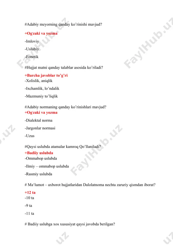 -yevropa tillari oilasining eron turkumiga -hind-yevropa tillari oilasining slavyan tillari turkumiga -oltoy tillar oilasining eron turkumiga #matn nima? +bir yoki bir necha sintaktik birliklardan tashkil topgan nutqiy butunlik -gap -so’z -tinish belgilari #ma‘lumot-axborot hujjatlaridan ariza nechta zaruriy qismdan iborat? +7 ta -9 ta -11 ta -10 ta #rasmiy ishonchnomaning nechta zaruriy qismdan iborat? +8 ta -9 ta -11 ta -10 ta #‘annotatsiya’ so’zining ma‘nosi nima? +kisqacha ta‘rif -xarakteristika -bilim -xabar, ma‘lumot #annotatsiya janrida muayyan asar kimlarga mo’ljallanganligi aniqlanadimi? +albatta, aniqlanadi -aniklanmaydi -bu savol ahamiyatli emas -fakat muayyan asarga xarakteristika beriladi #‘maqola’ so’zining ma‘nosi nima? +hajmi uncha katta bo’lmagan ilmiy asar -tahlil -xabar -ilm #maqola bajarayotgan vazifasiga qarab qanday xarakterlar kasb etadi? +publitsistik, problematik, nazariy, tanqidiy, ilmiy, metodik xarakter kasb etadi -ilmiy xarakter kasb etadi -publitsistik kasb etadi -nazariy kasb etadi #ilmiy maqola klassik namunasining hajmi necha sahifa bo’ladi? +4-5 bet -3-4 bet -5-6 bet -7-9 bet #ilmiy maqolada muallifning ismi-sharifi,maqolaning …